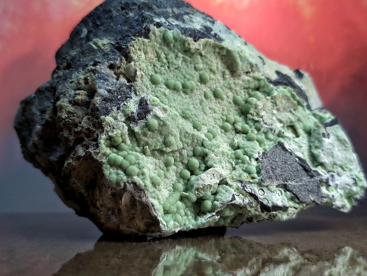 A striking green mineral specimen featuring a textured surface with numerous small, rounded nodules embedded in a darker matrix.