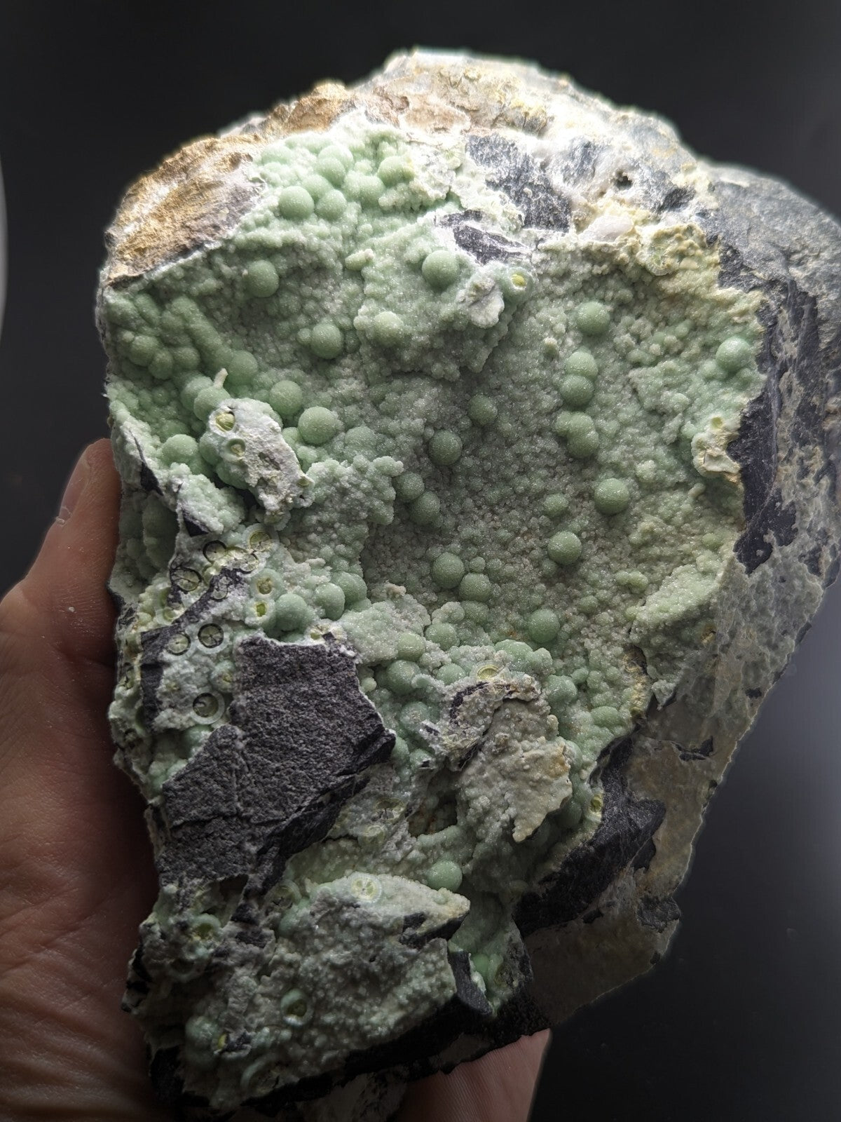 A hand holds a rough, irregularly shaped mineral specimen featuring clusters of pale green spherical formations against a backdrop of gray and white rock.
