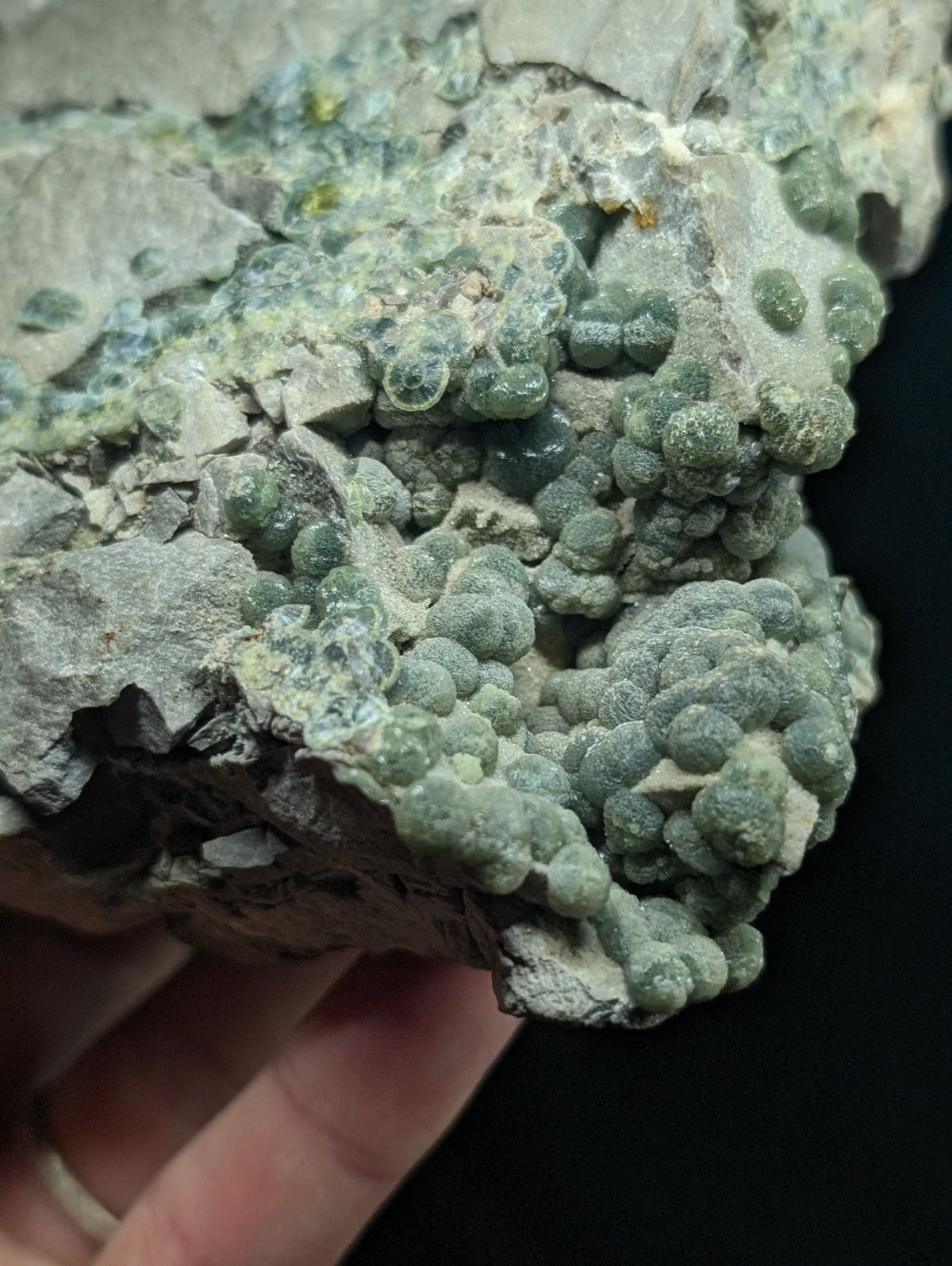 A cluster of green, bead-like minerals growing on a gray rock matrix.