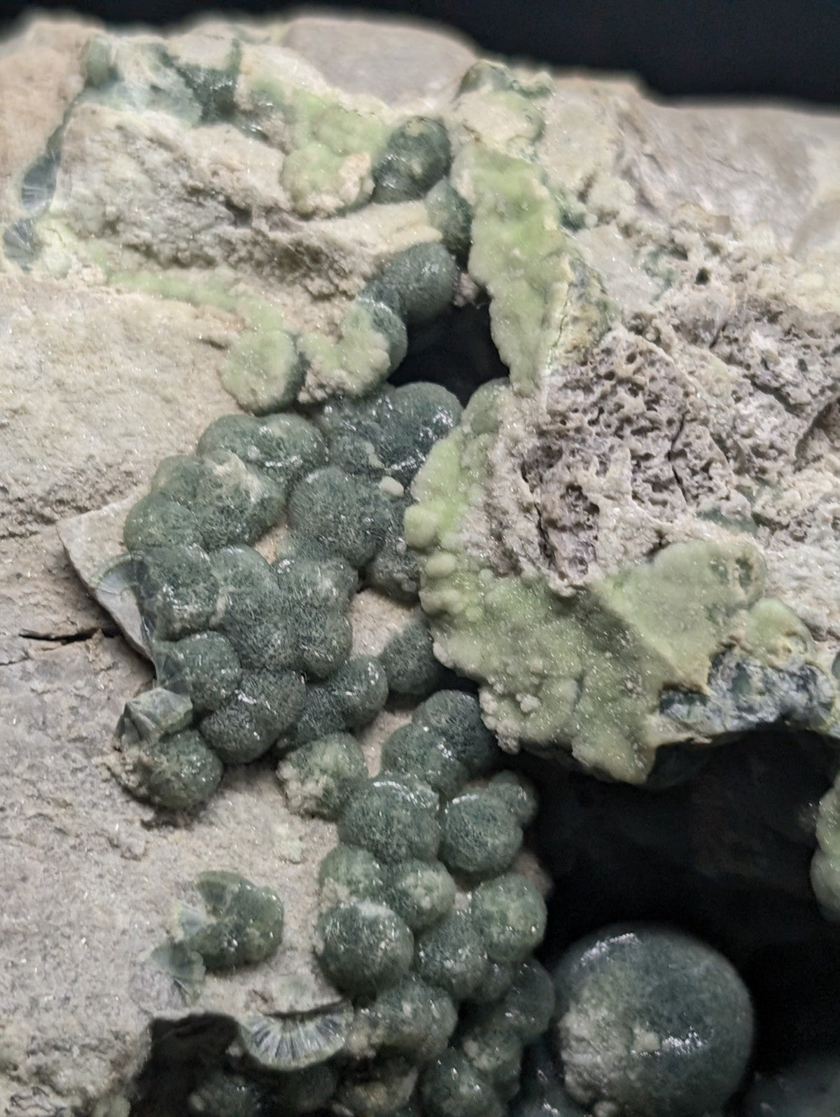 A cluster of dark green, spherical druzy crystals nestled within a rough, light gray rock matrix.