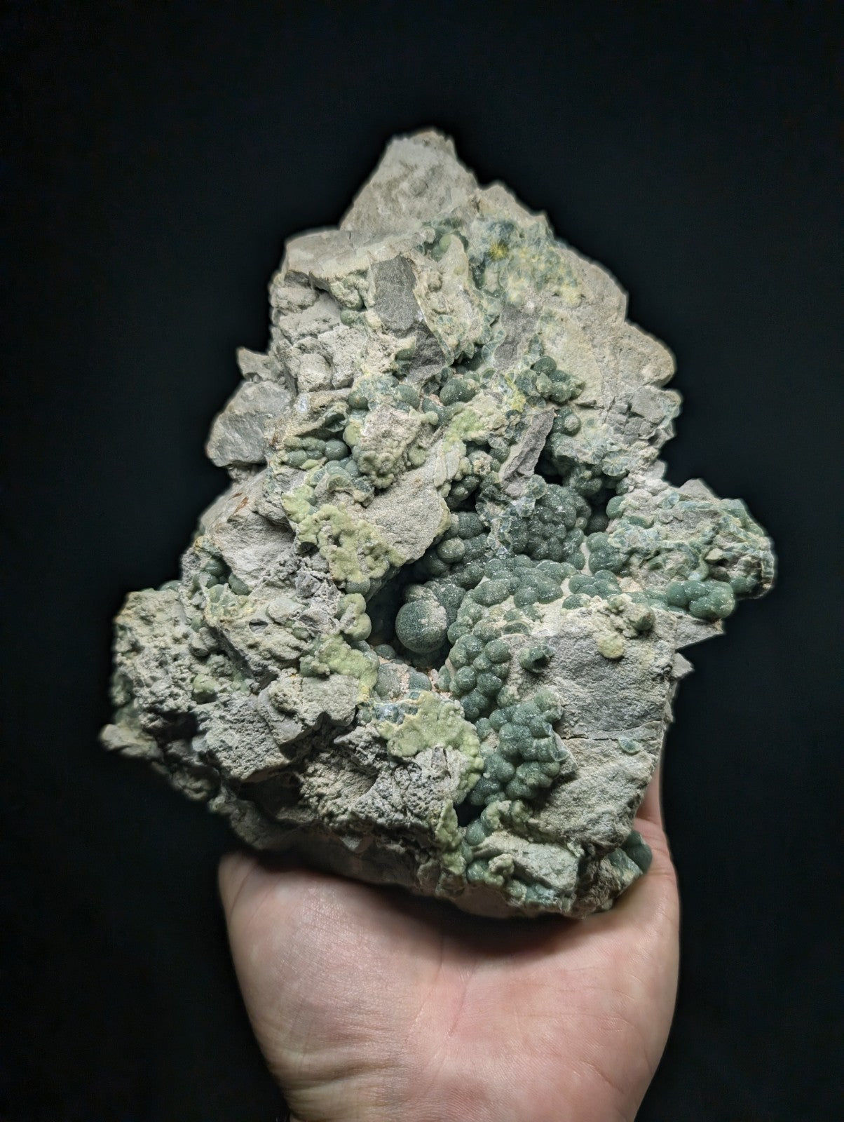 A hand holds a textured, irregularly shaped geological specimen featuring a mix of grayish-white rock with patches of greenish-yellow mineral growths.