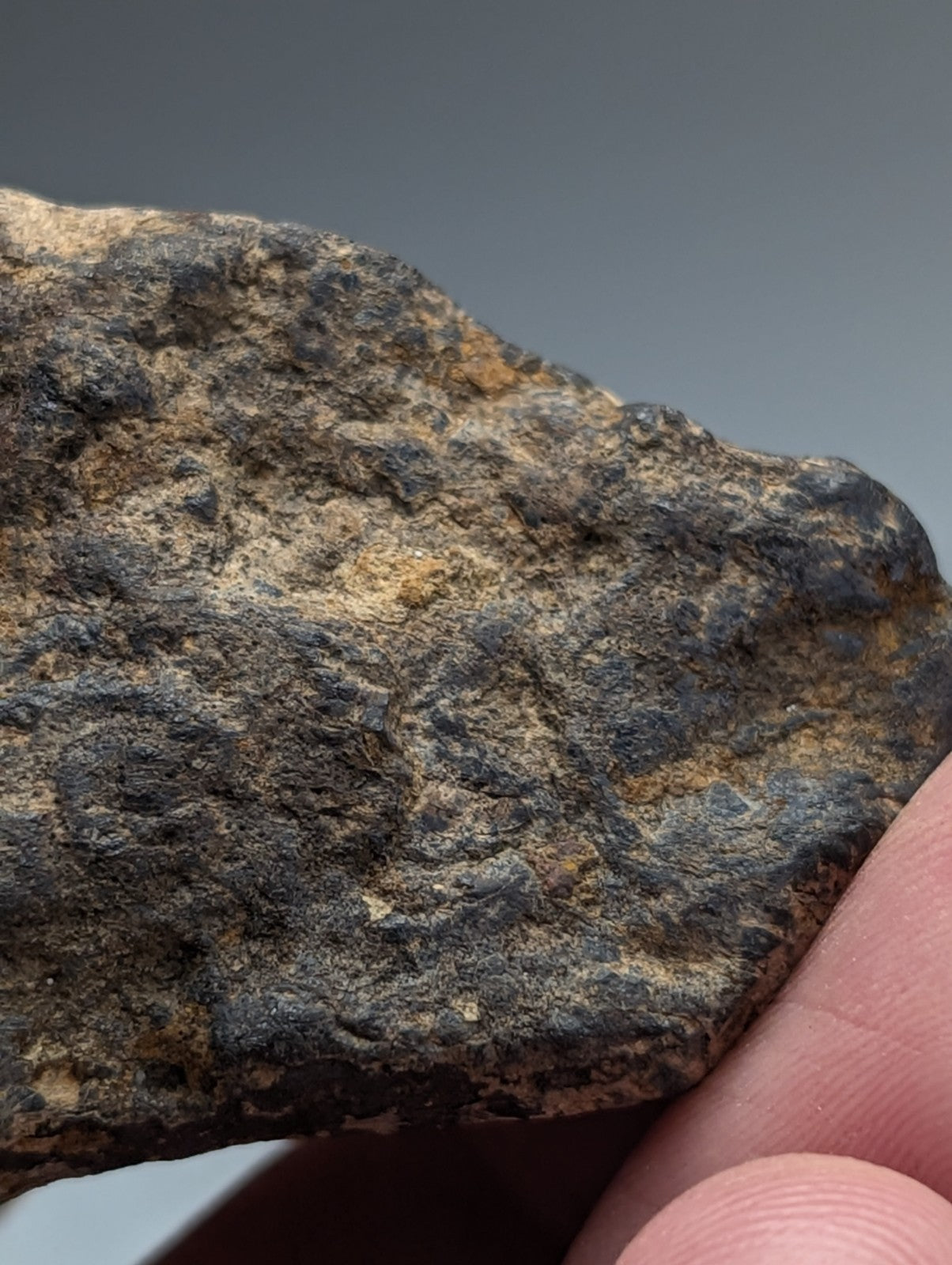 A rugged dark gray magnetite lodestone with rust-colored patches from Magnet Cove Arkansas natural magnet