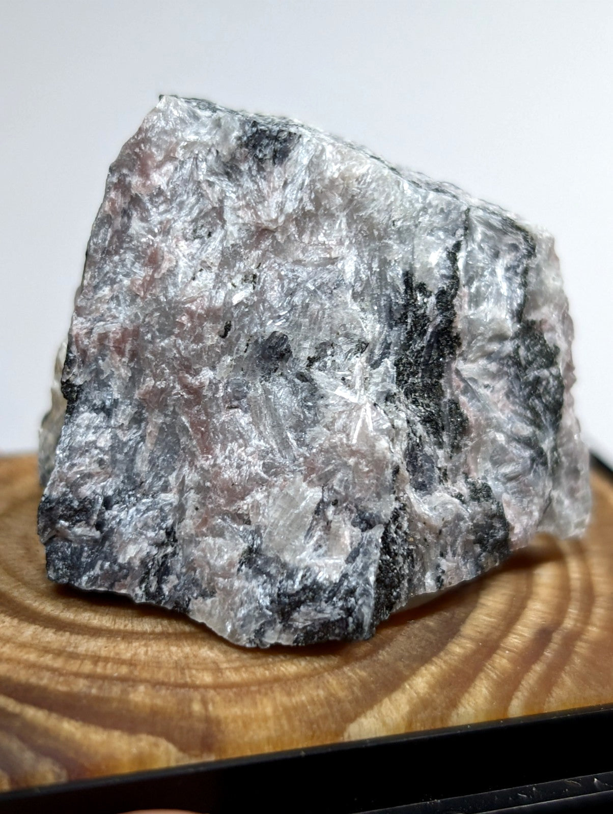 A rough, translucent gray rock with black and white mineral inclusions rests on a wooden surface.