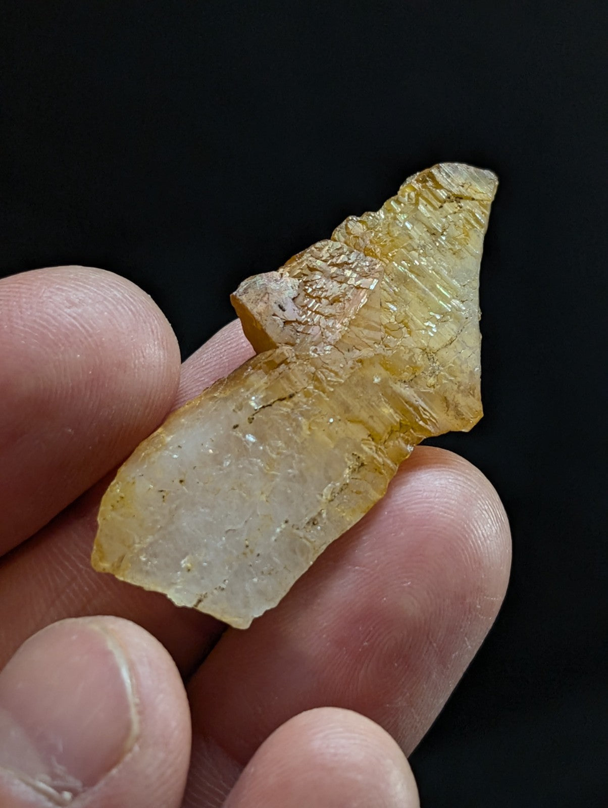 A translucent yellowish amber shard with a rough, jagged edge and visible internal striations.