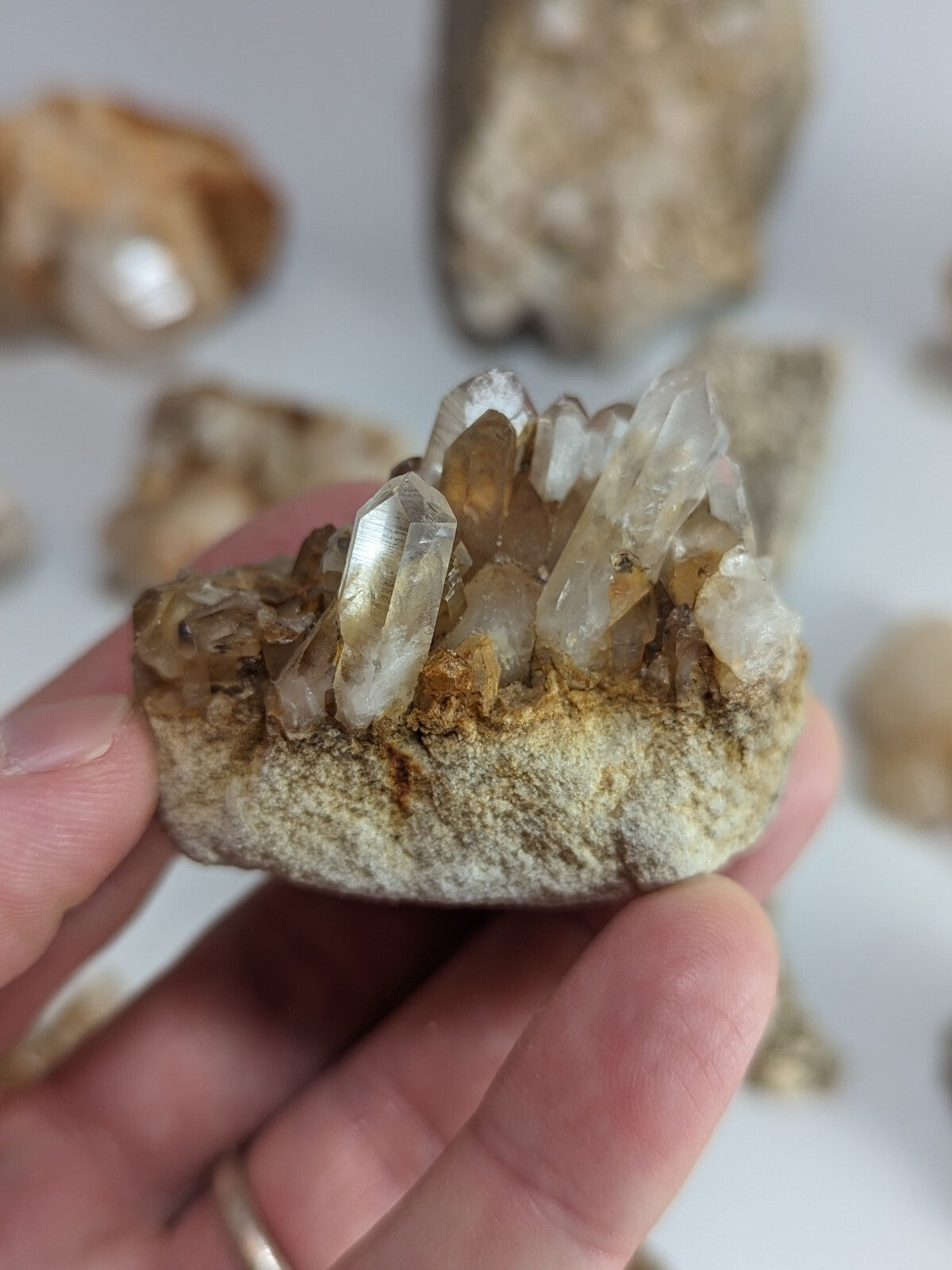 A hand holds a natural citrine quartz cluster with translucent, golden-hued crystals growing from a rough, earthy matrix.