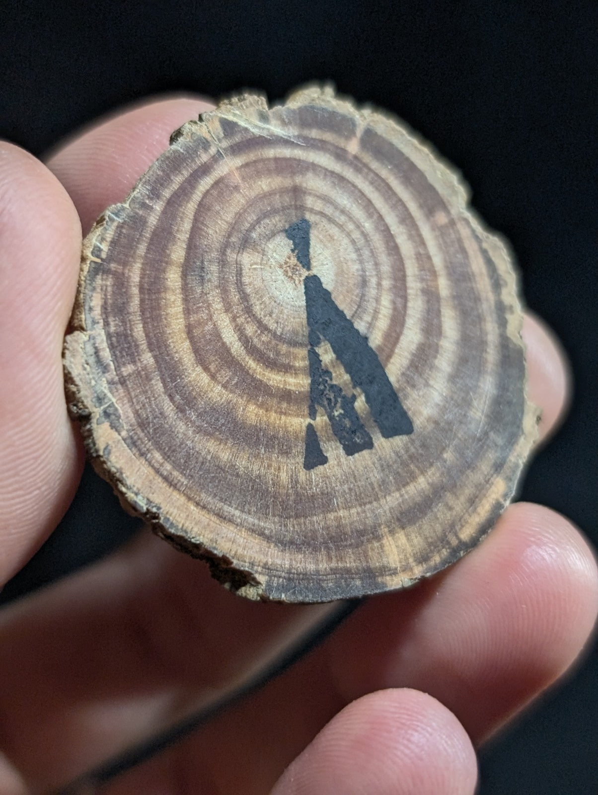 A circular wooden slice with natural brown rings and a black painted symbol on its surface.