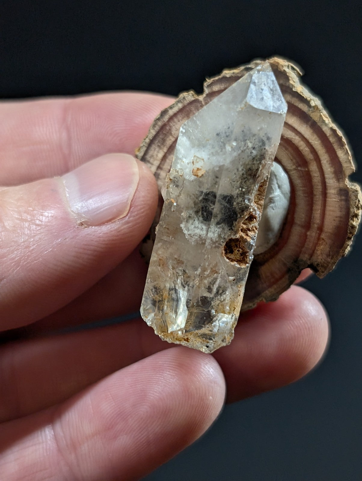 A translucent, clear quartz crystal with natural inclusions and a rough, earthy base.