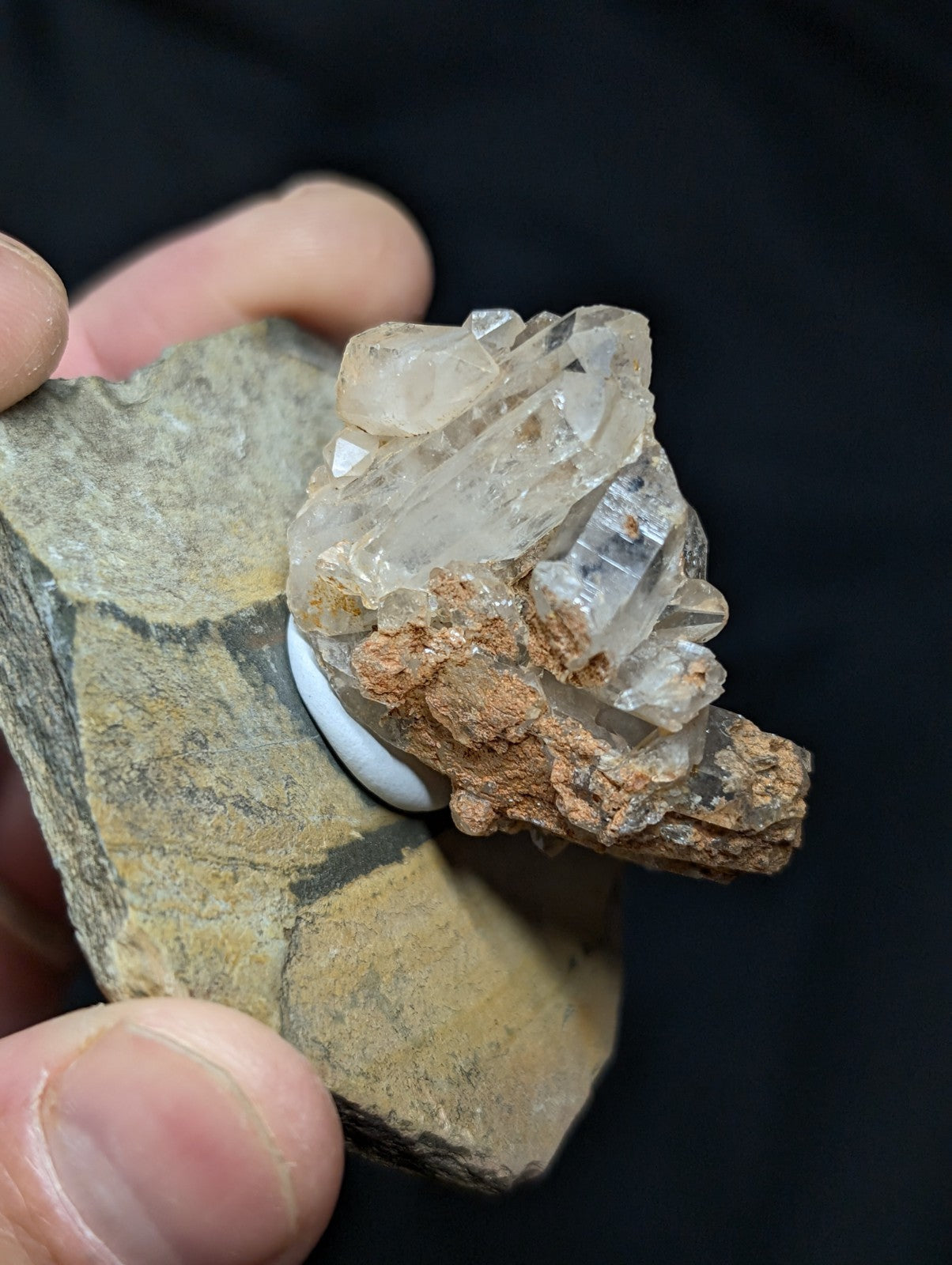 A cluster of translucent quartz crystals nestled atop a textured, earth-toned rock matrix.
