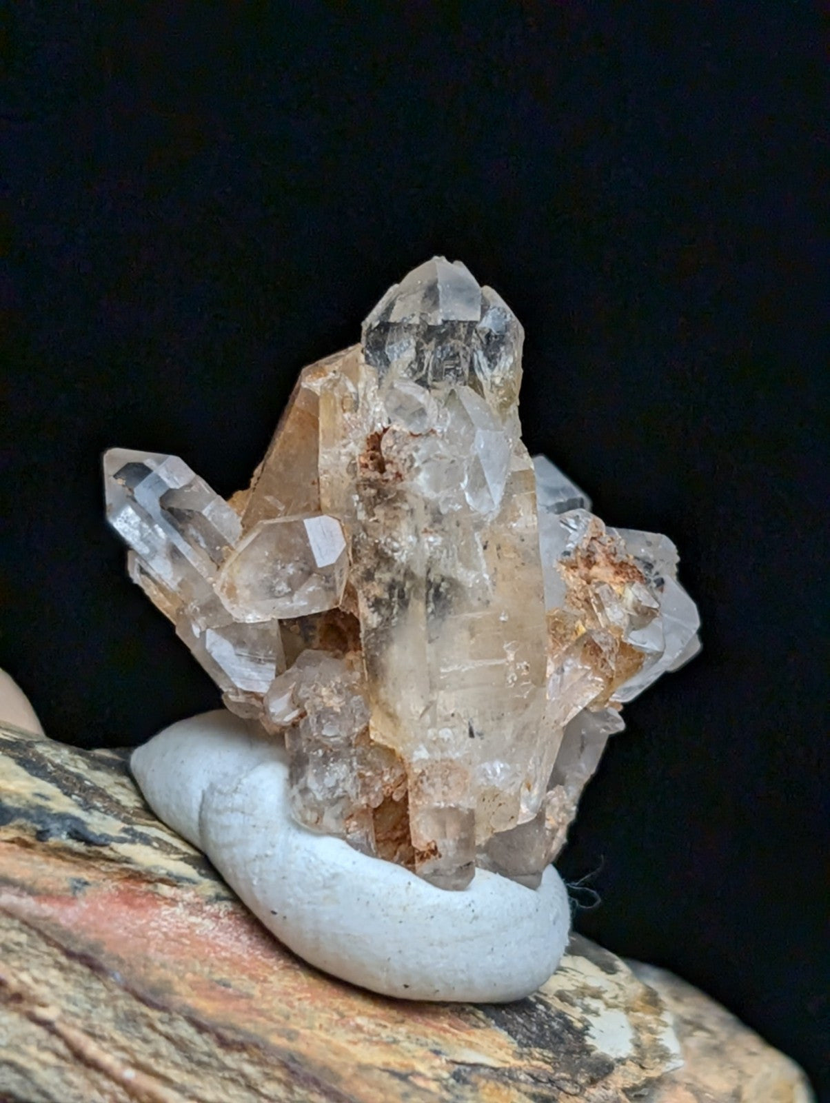 A translucent quartz crystal cluster with clear, faceted points and amber-tinted sections rests on a smooth white stone.
