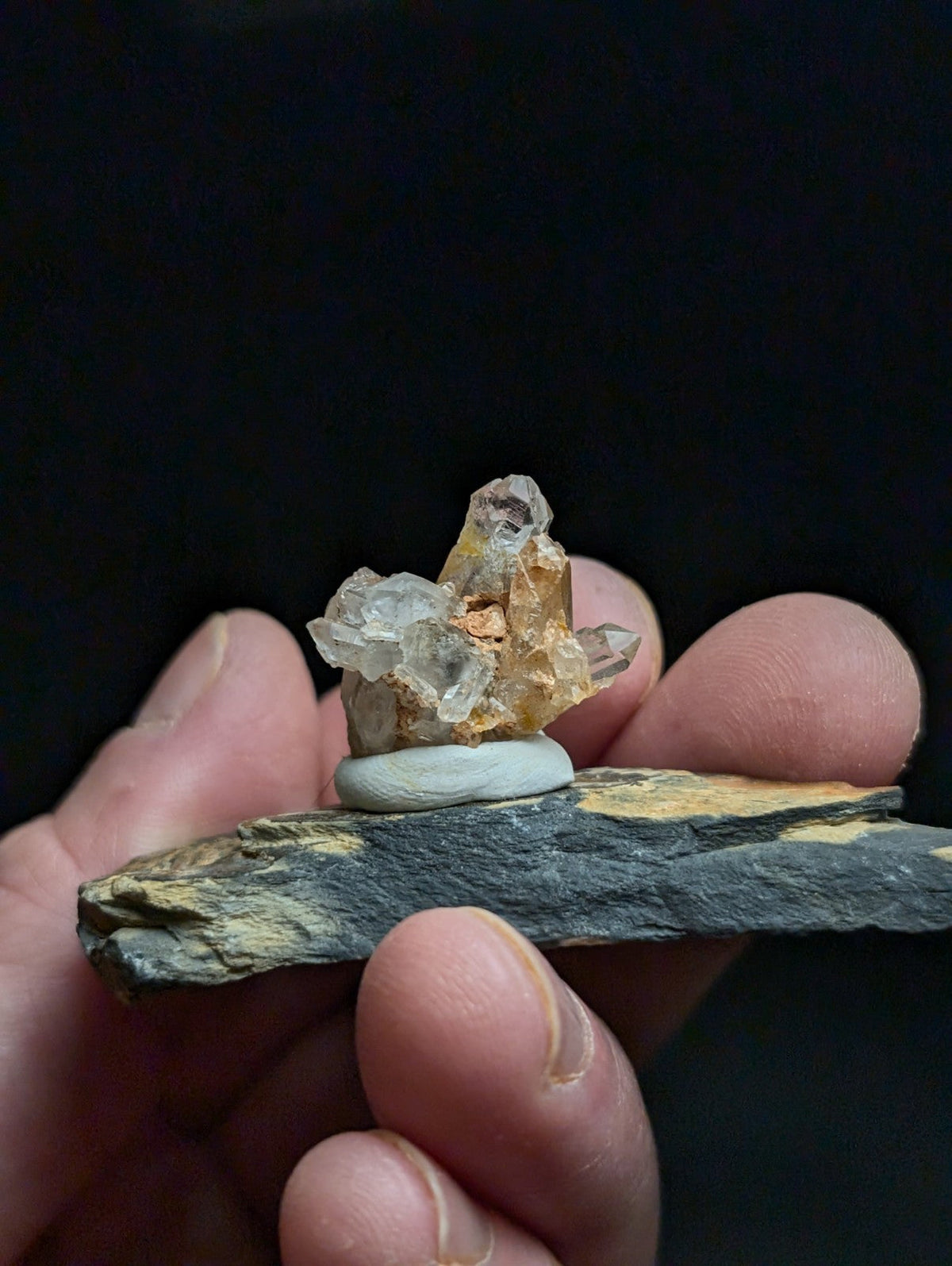 A delicate cluster of translucent quartz crystals, featuring clear and golden hues, rests atop a smooth, pale gray stone base.