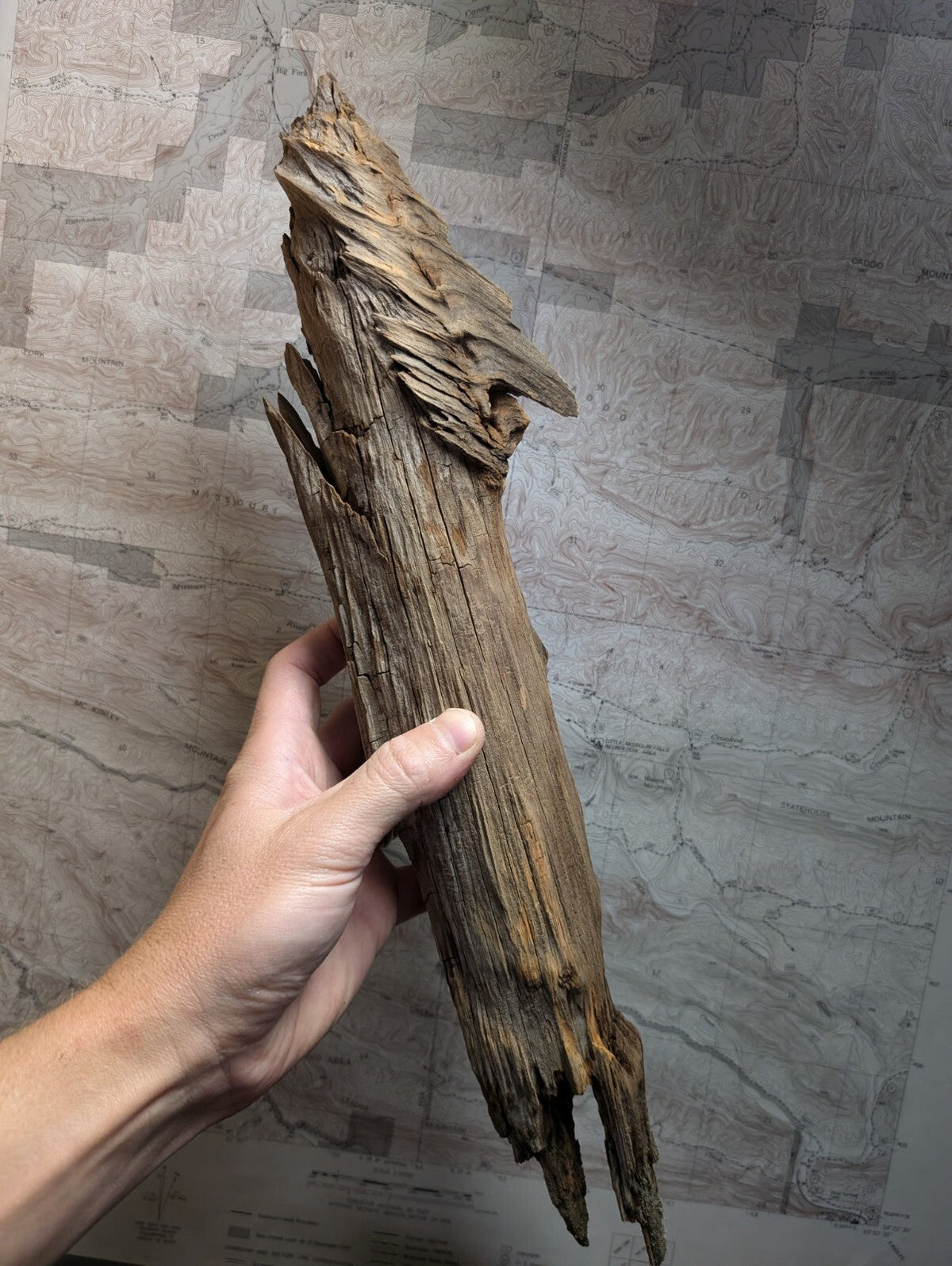 A weathered, light brown driftwood piece with a rough, textured surface and natural splits.