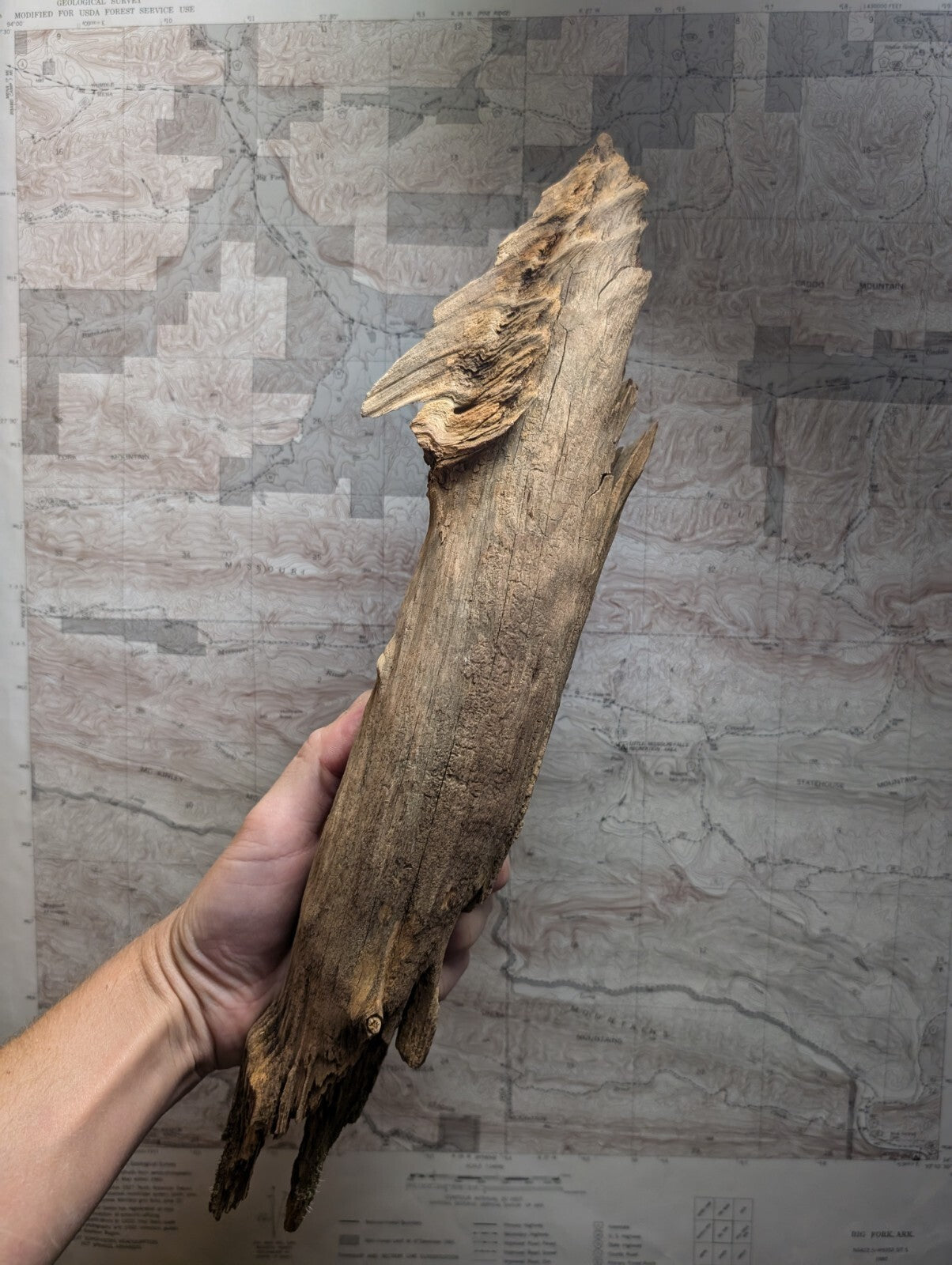 A weathered, light brown driftwood piece with a rough, textured surface and natural, irregular edges.