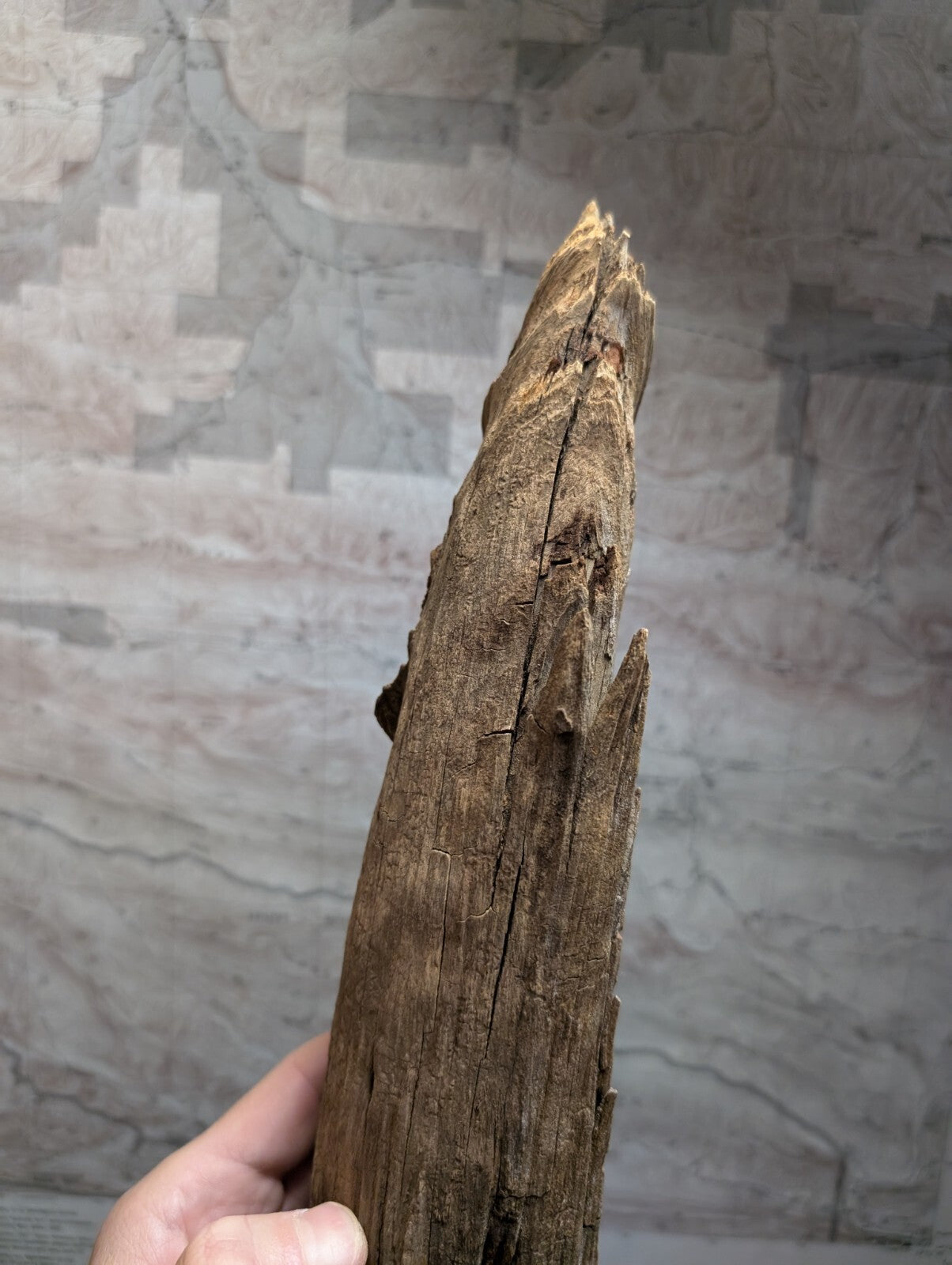 A weathered, dark brown piece of driftwood with a rough, cracked surface and natural tapering ends.