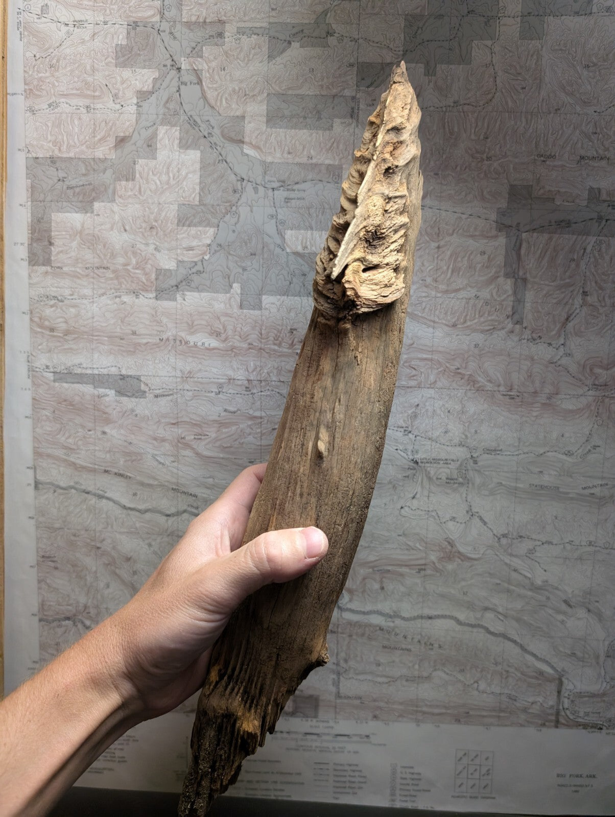 A weathered, light brown wooden artifact with a carved, textured top resembling an ancient tool or ceremonial piece.