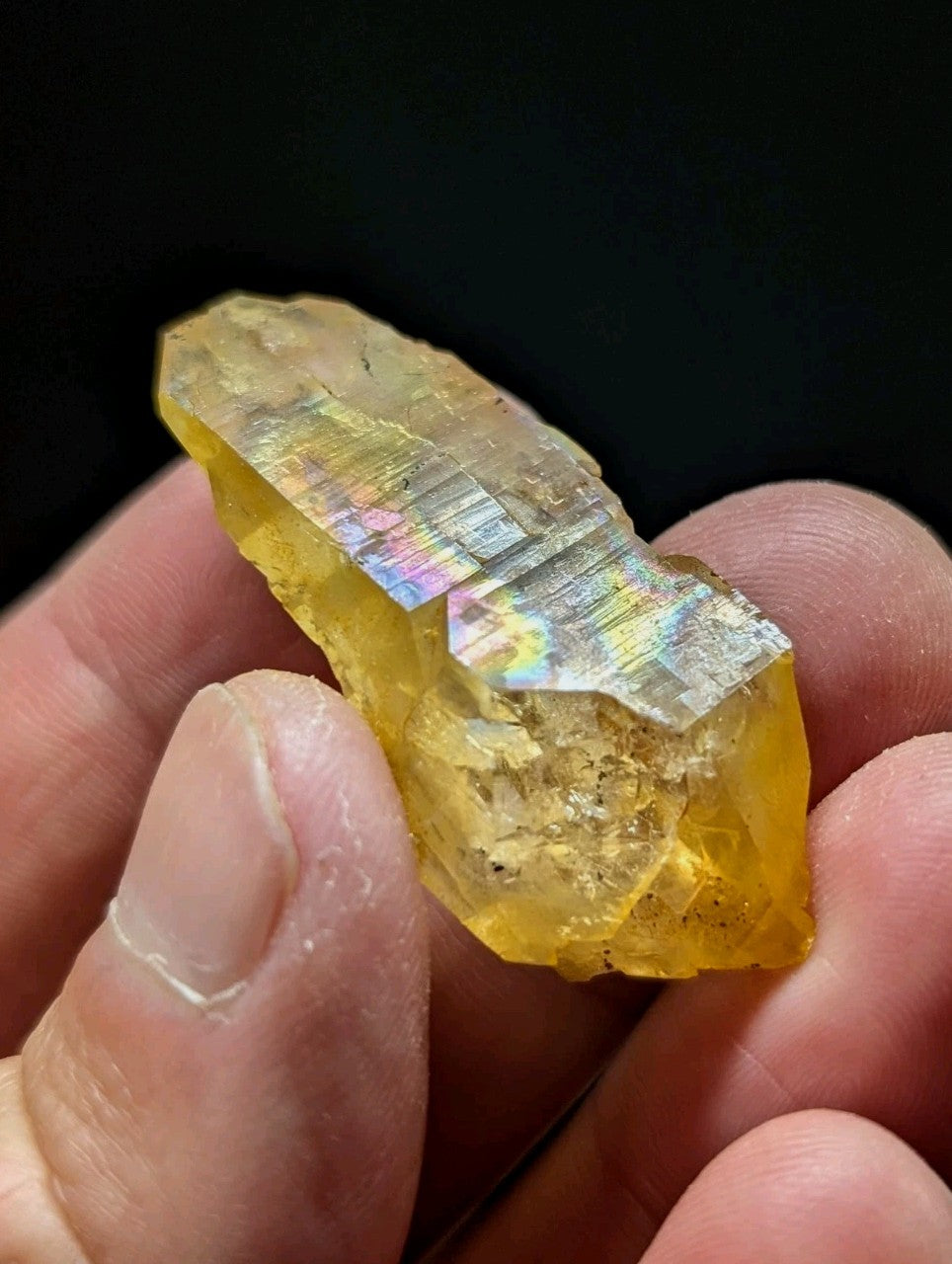A translucent yellow crystal with iridescent, rainbow-like reflections on its surface.