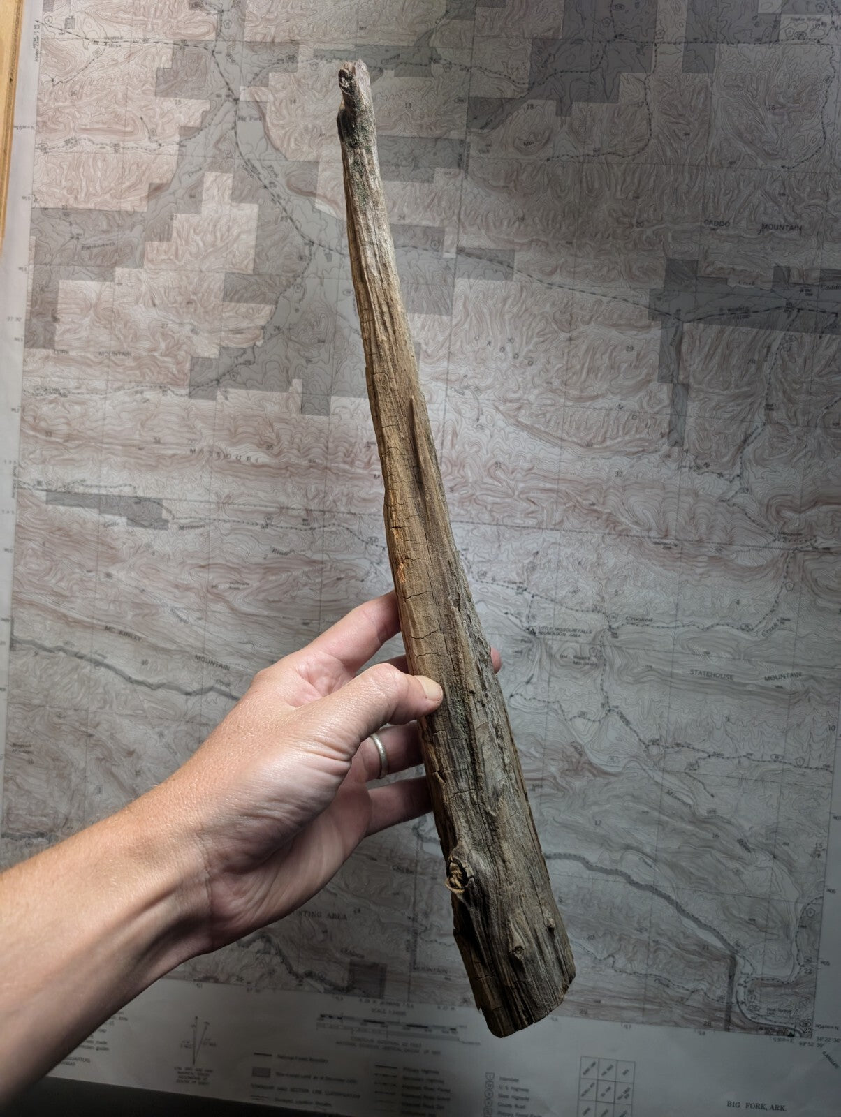 A weathered, elongated piece of driftwood with a rough, textured surface and natural brown tones.