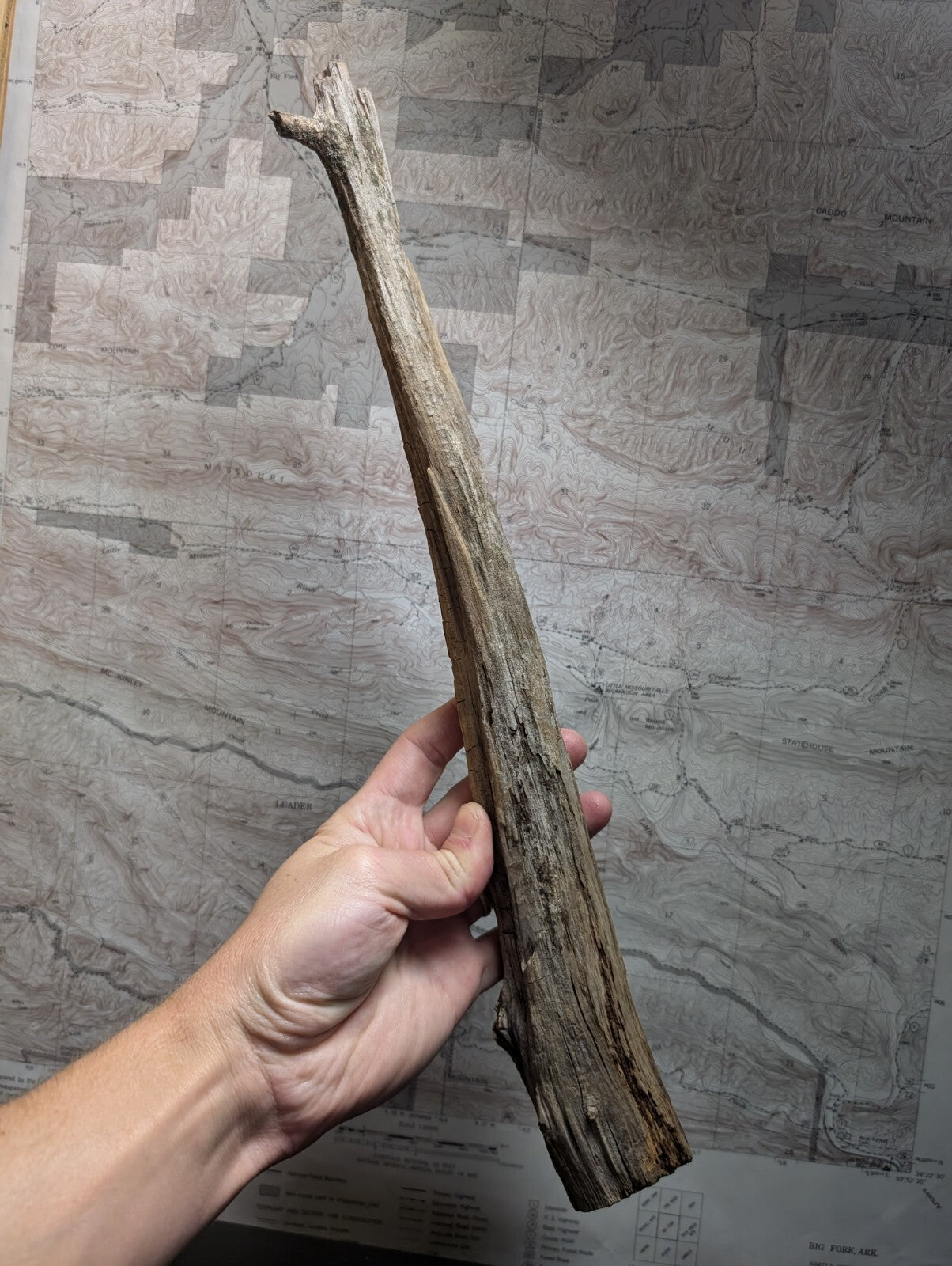 A weathered, elongated driftwood piece with a rough, textured surface and natural bark patterns.