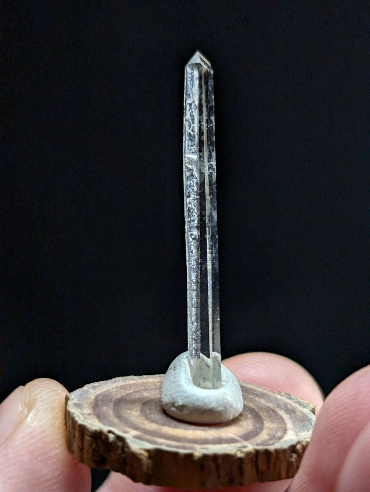 A clear quartz crystal with a pointed tip, standing upright on a small white ceramic base that rests upon a circular wooden slice.
