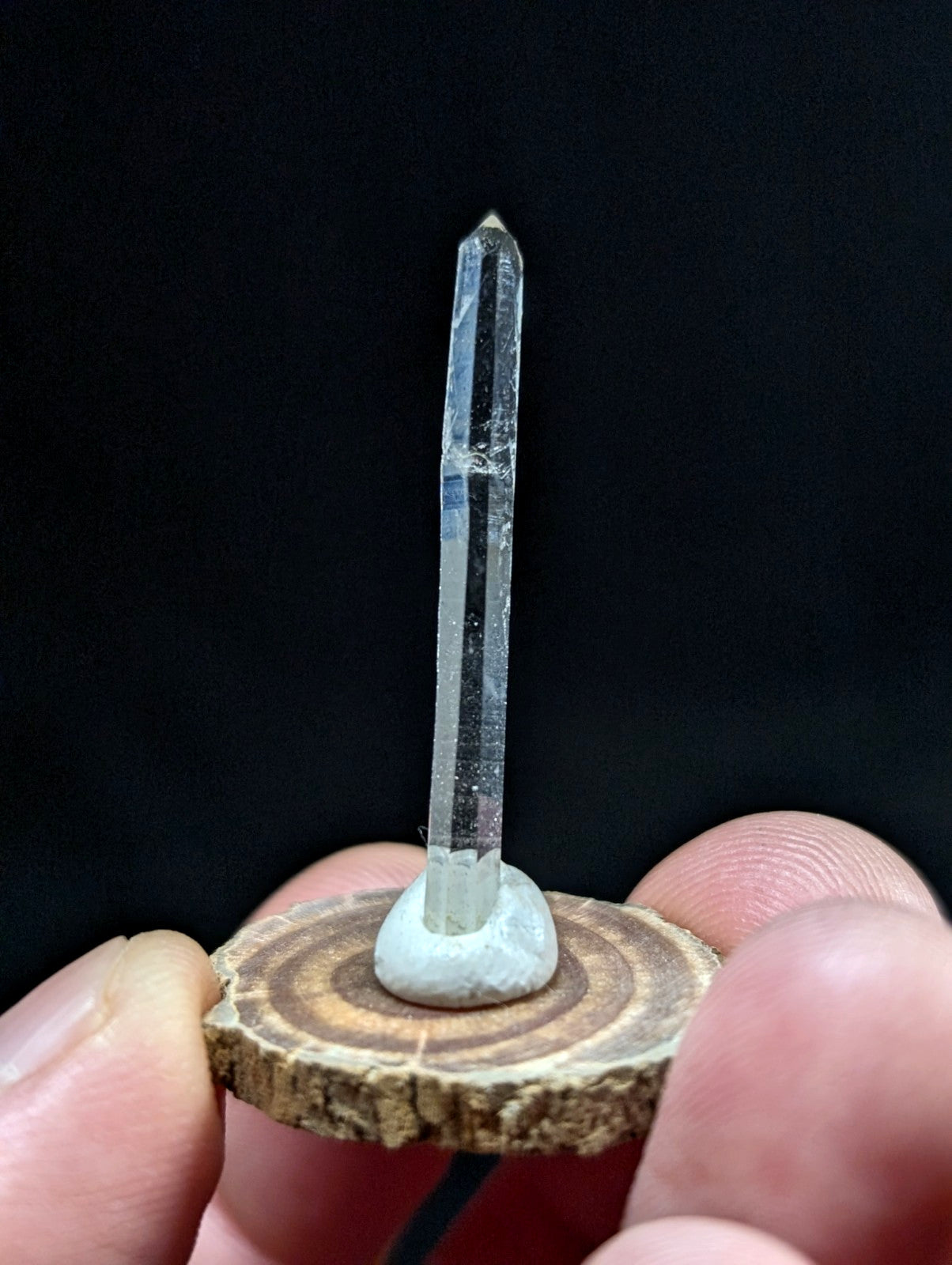 A clear quartz crystal with a pointed tip, mounted on a circular wooden slice base.