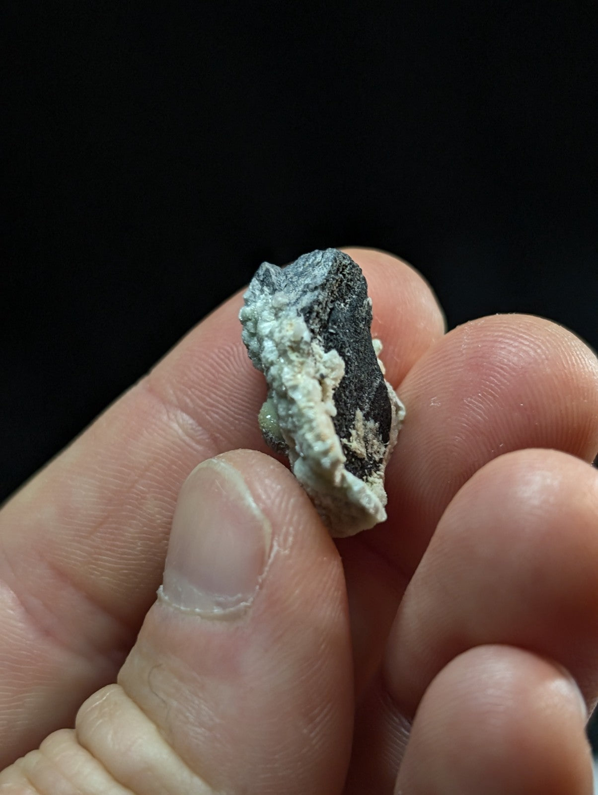 A dark, irregularly shaped mineral specimen with a rough, textured surface and patches of light greenish-white coating.