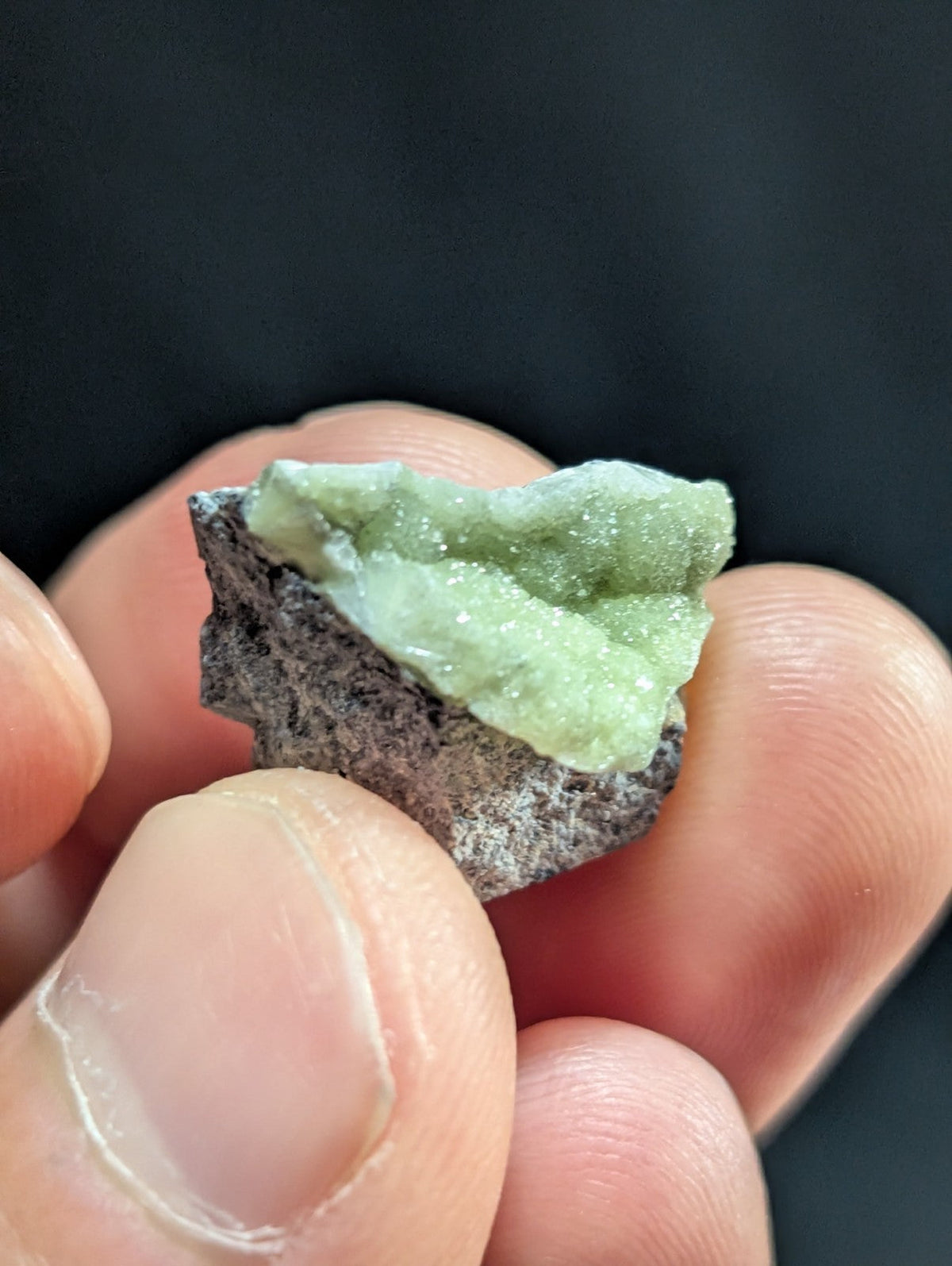 A delicate, pale green mineral specimen with a crystalline texture and translucent quality, set against a dark matrix.