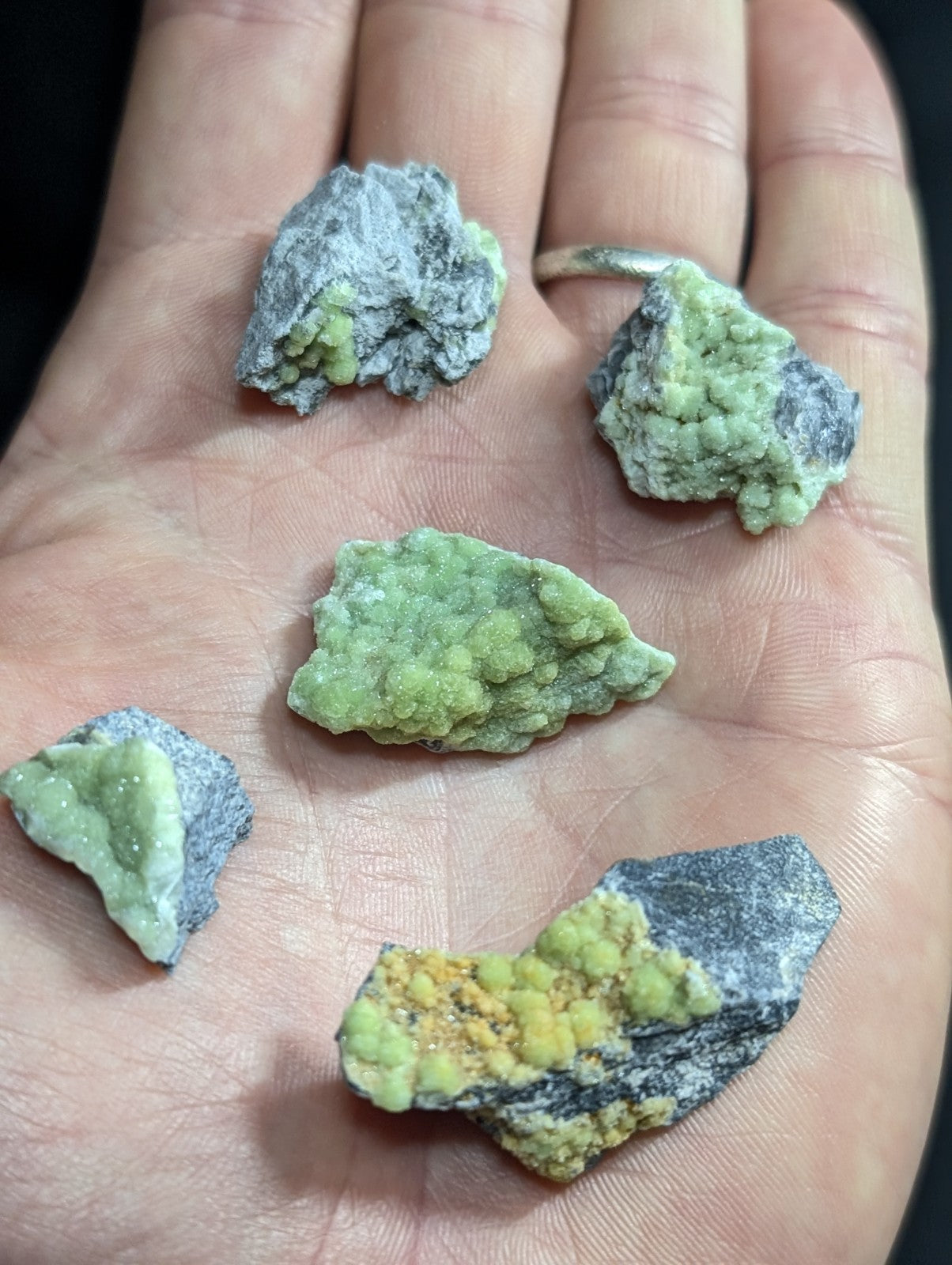 Hand holding several irregularly shaped green and gray mineral specimens with a rough, textured surface.
