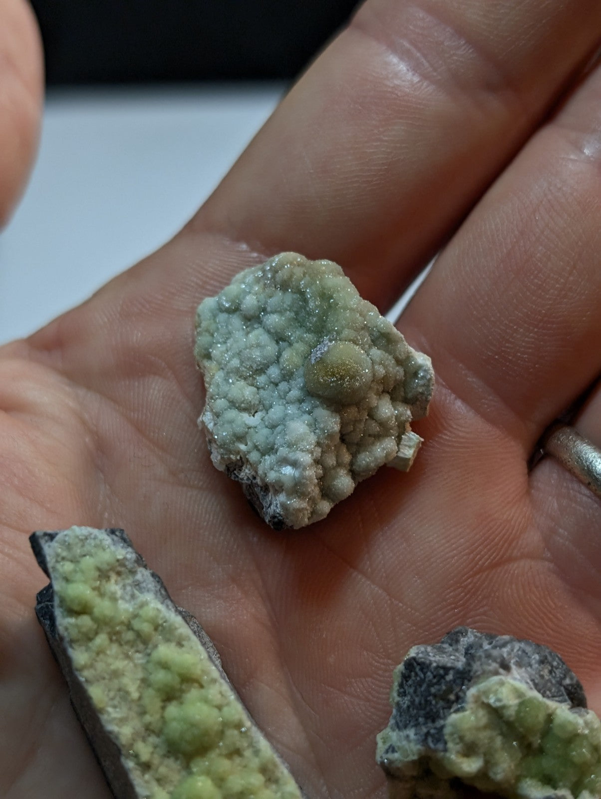 A pale green, textured mineral specimen with a bumpy surface and crystalline formations.