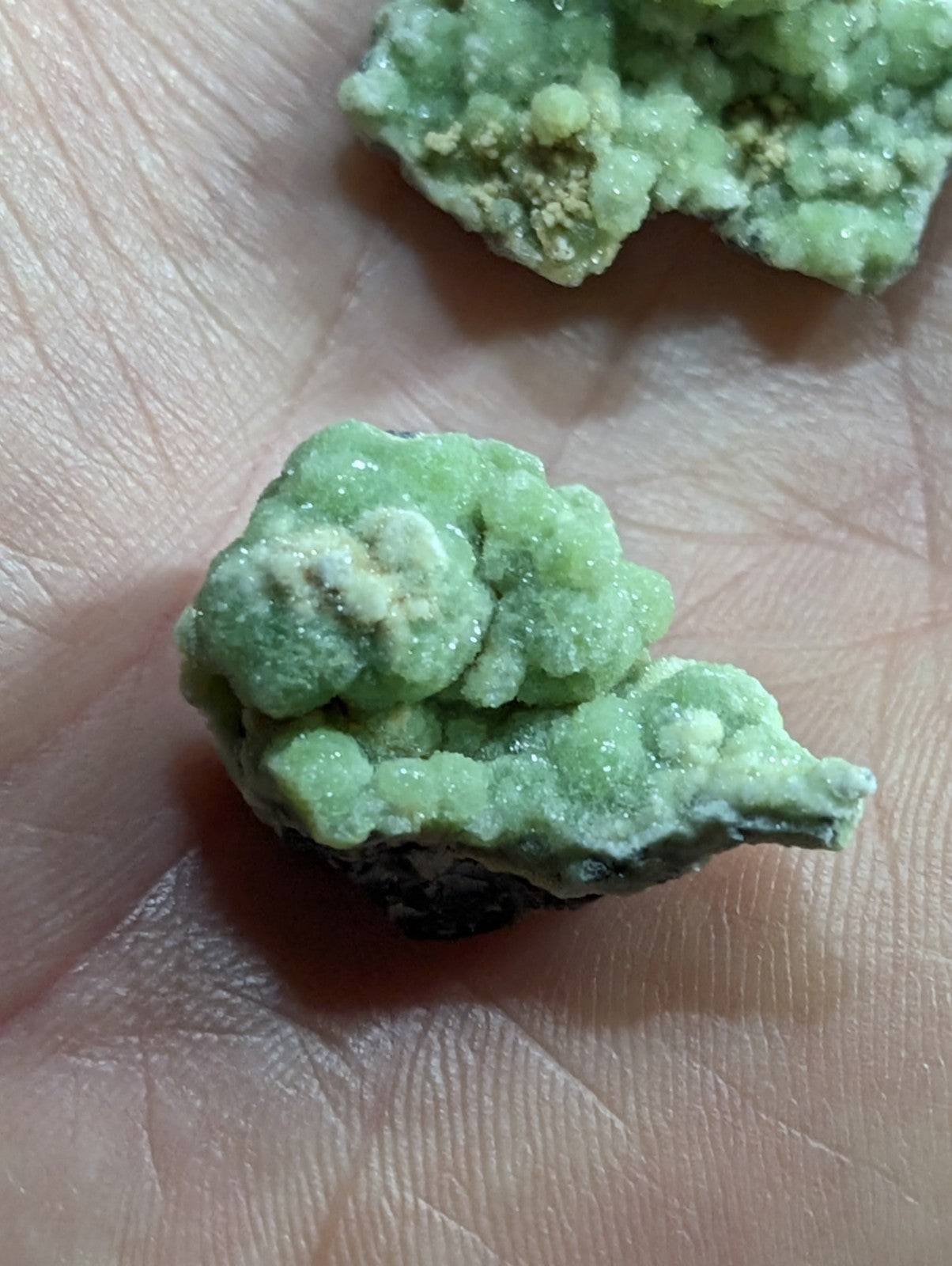 A textured, light green mineral specimen with a crystalline surface and subtle white patches.