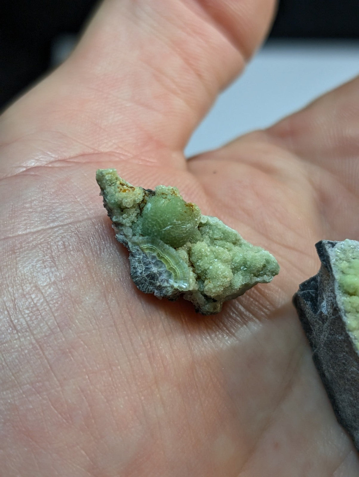 A small, irregularly shaped green mineral specimen with a smooth, rounded center and rougher, crystalline outer layers.