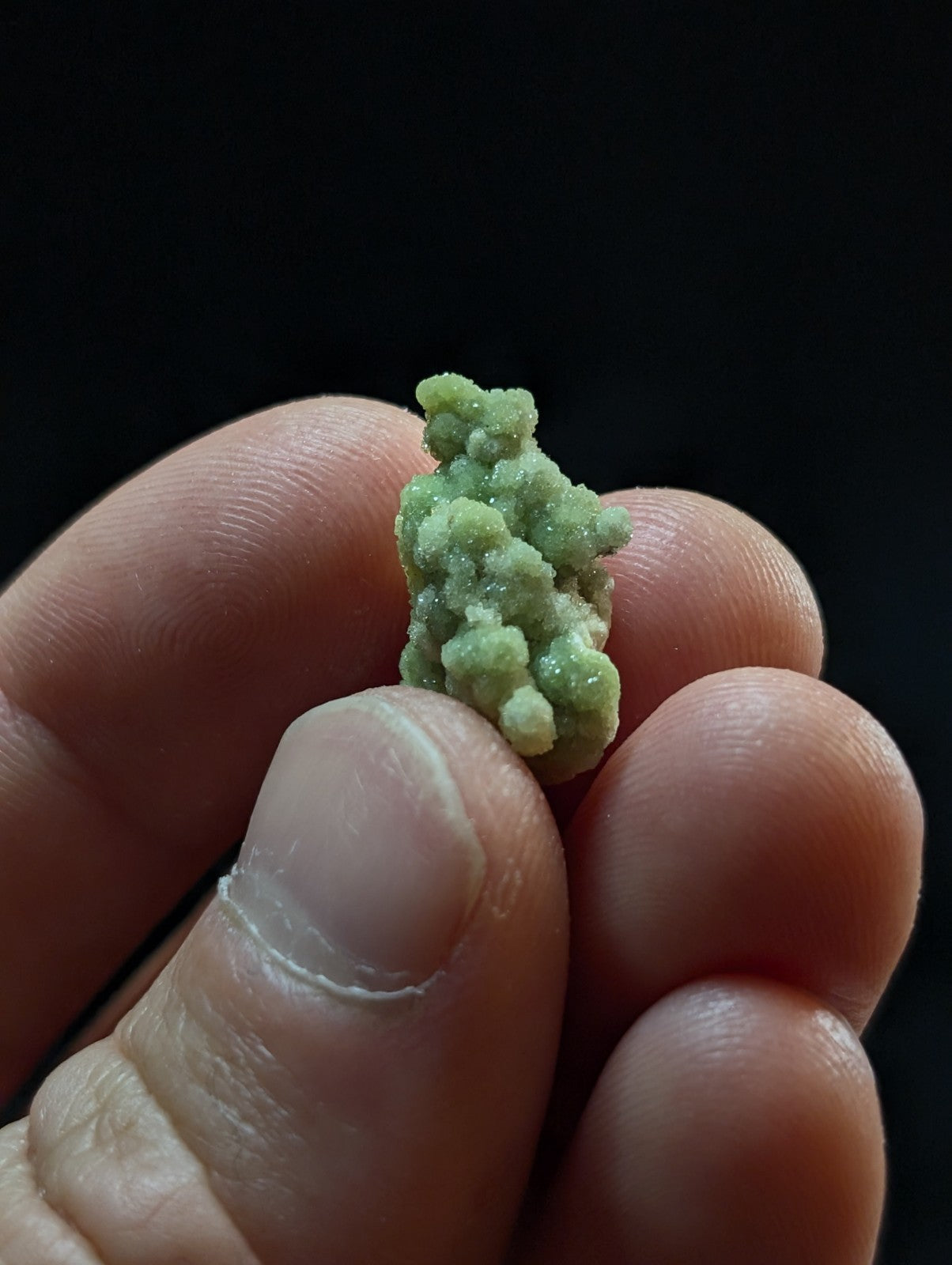 A small, textured green mineral specimen with a crystalline, bumpy surface.