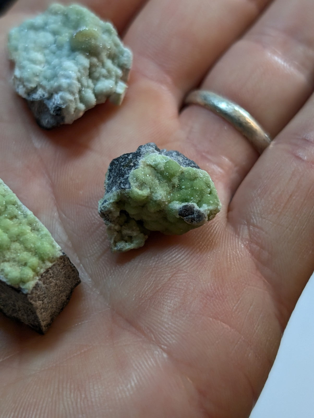 A hand holds several irregularly shaped green and black mineral specimens with a rough, crystalline texture.