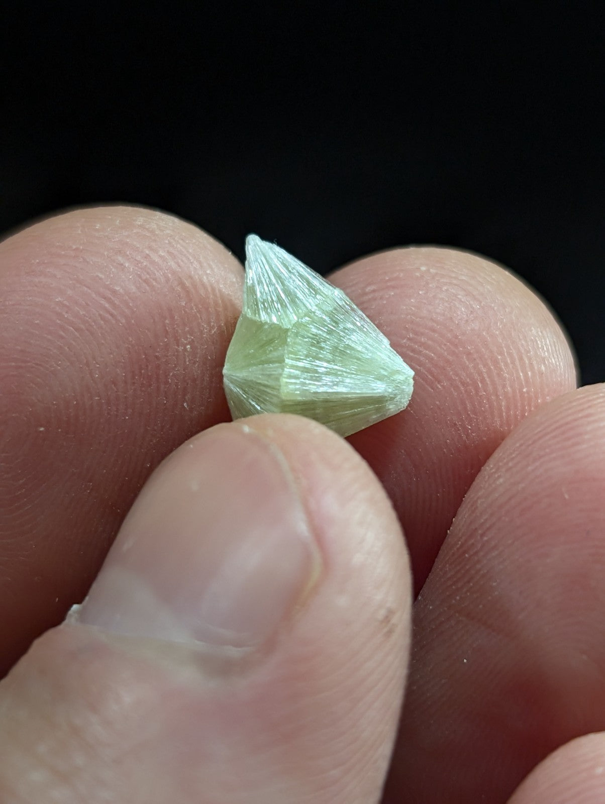 A delicate, pale green mineral crystal with a faceted, geometric shape and translucent quality.
