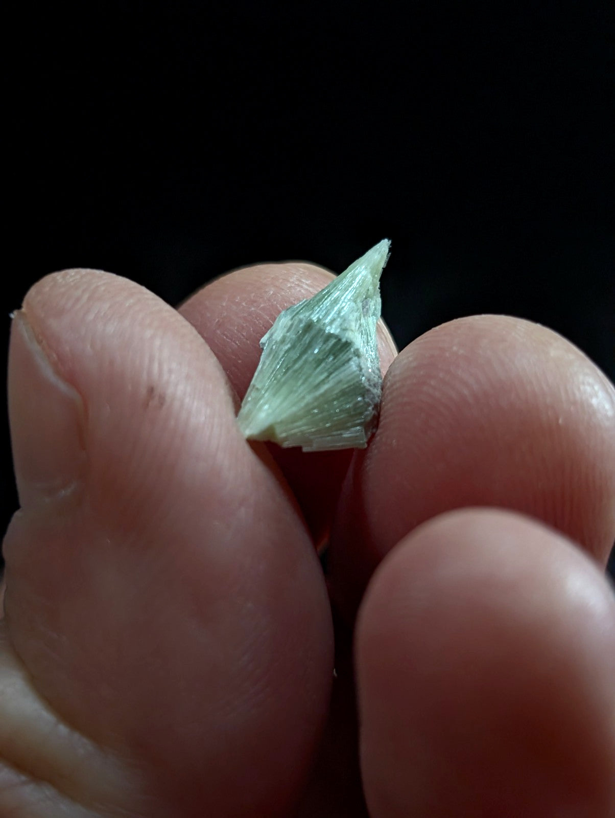 A delicate, translucent green crystal with a pointed, faceted shape and visible internal striations.