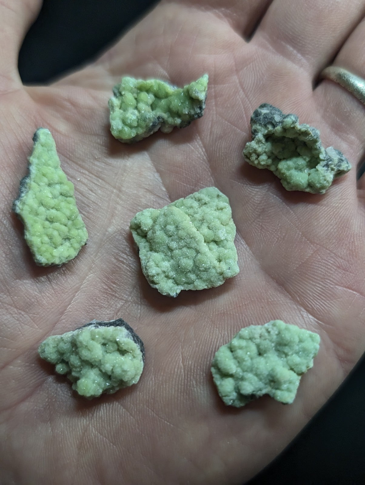 Light green, textured mineral specimens with dark patches resting in an open palm.