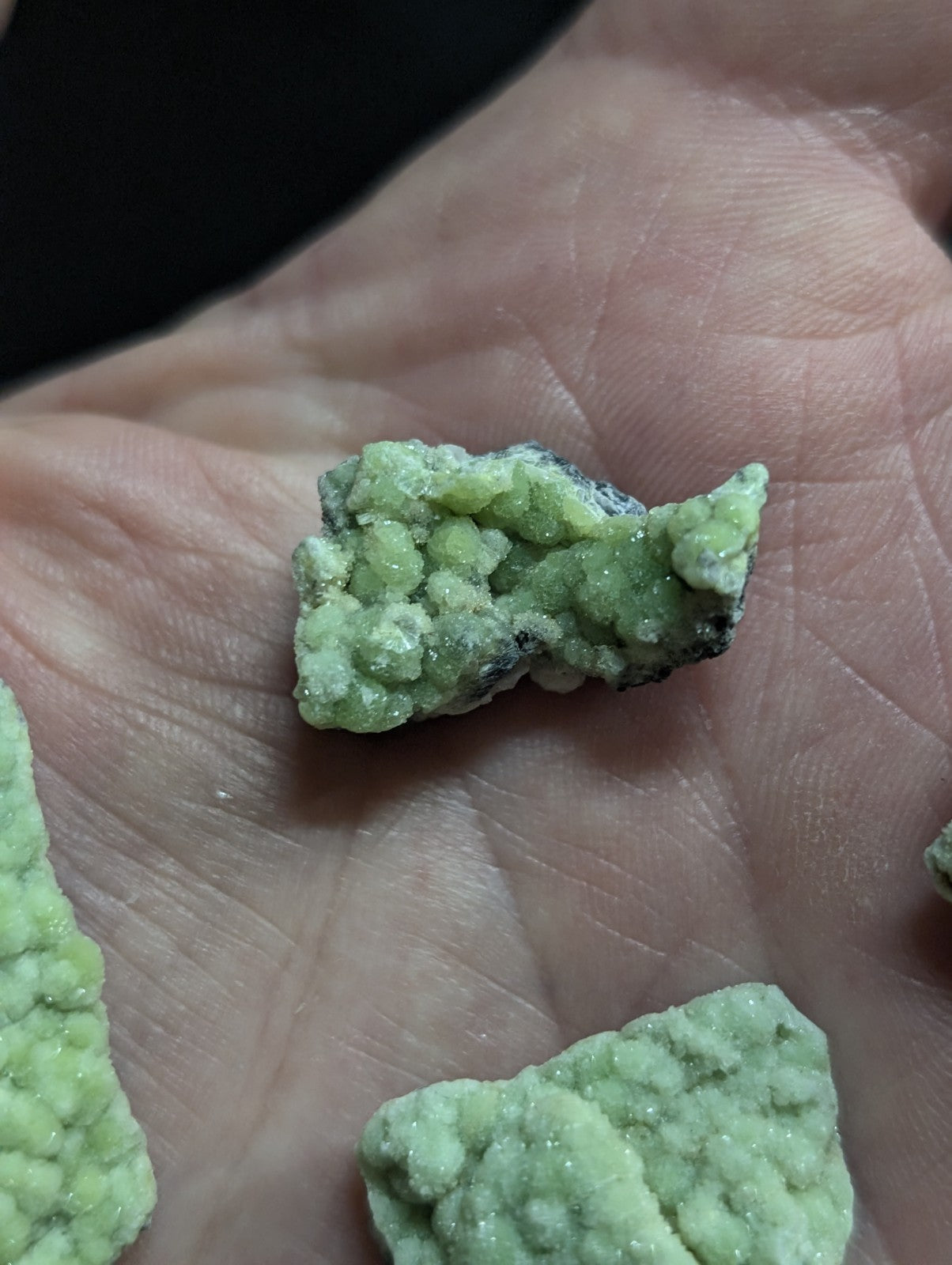A pale green, textured mineral specimen with a rough, crystalline surface and dark speckles.