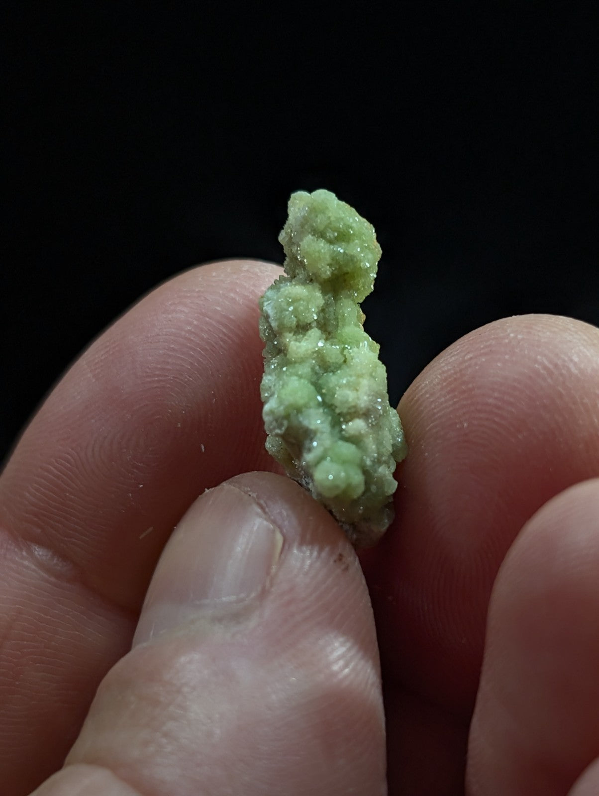A small, textured green mineral specimen with a crystalline surface.