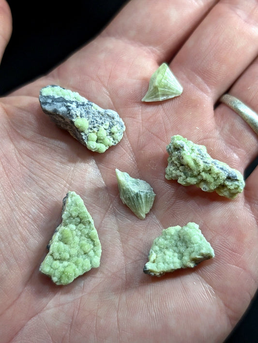 A hand holds several irregularly shaped pieces of greenish-yellow mineral with a rough, textured surface and some darker gray veining.