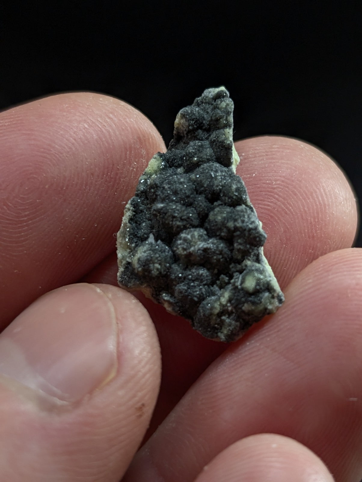 A dark green, textured mineral specimen with clustered nodules held between fingers.