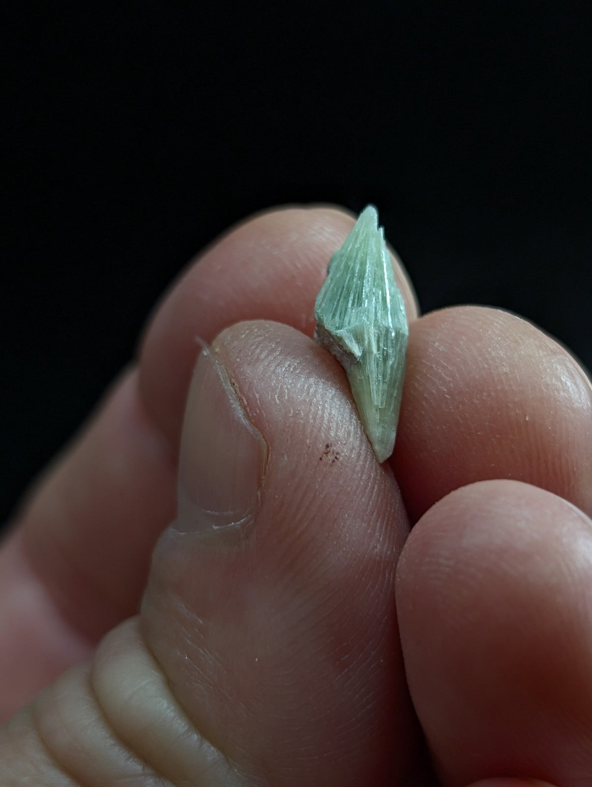 A delicate, light green mineral crystal with a translucent and faceted surface.