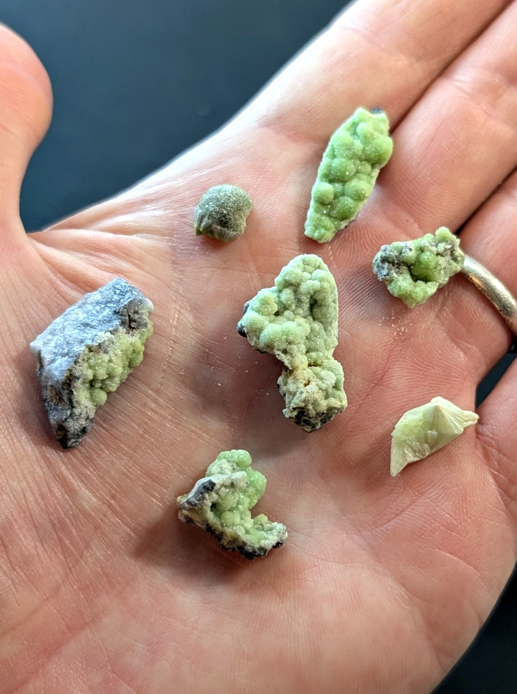 Green, bumpy mineral specimens with a crystalline texture and darkened edges.