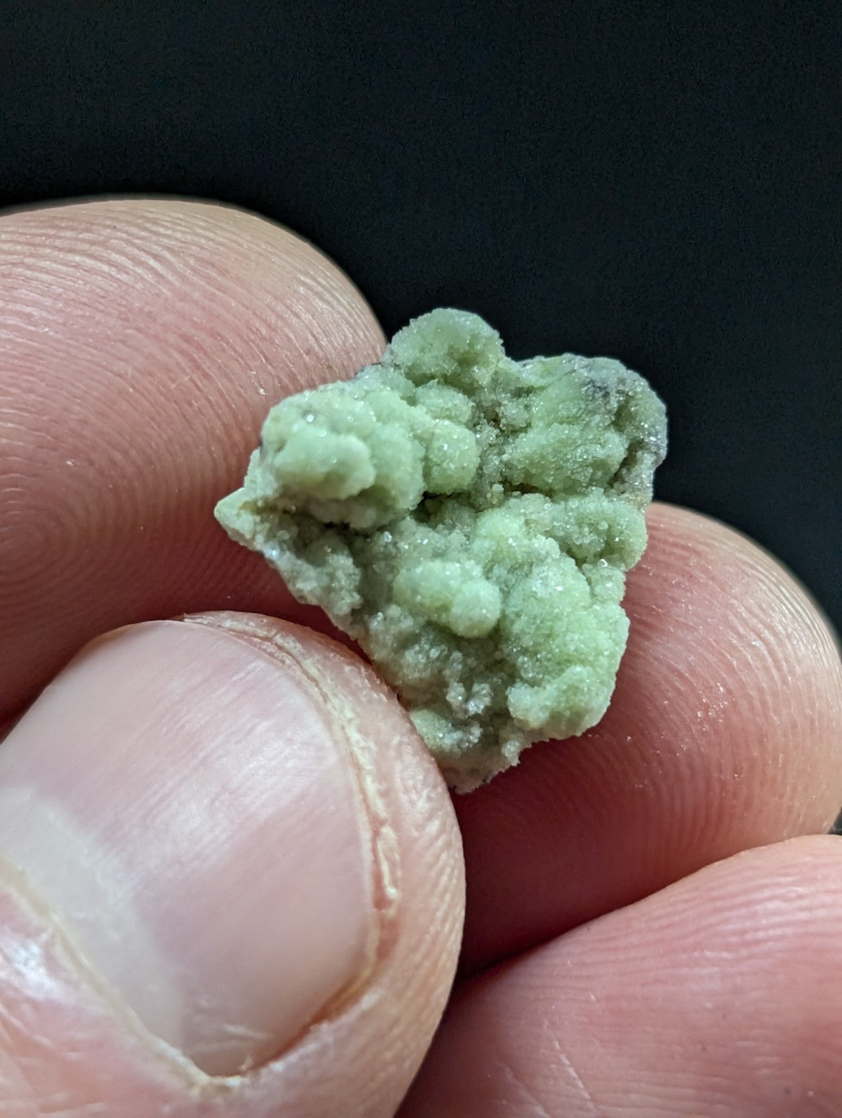 A small, textured green mineral specimen with a crystalline, bumpy surface.