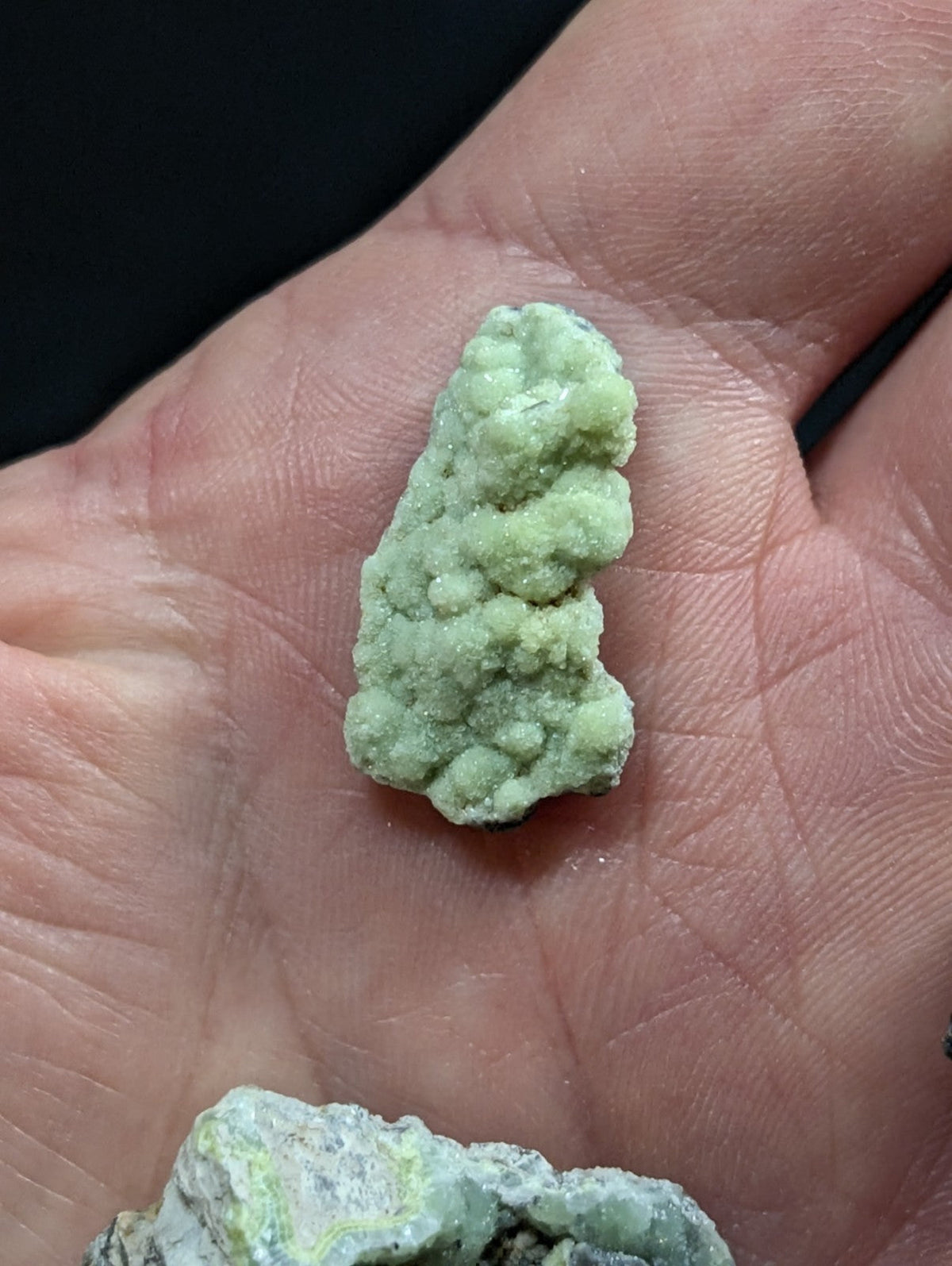 A pale green, textured mineral specimen with a bumpy, clustered surface resting in the palm of a hand.