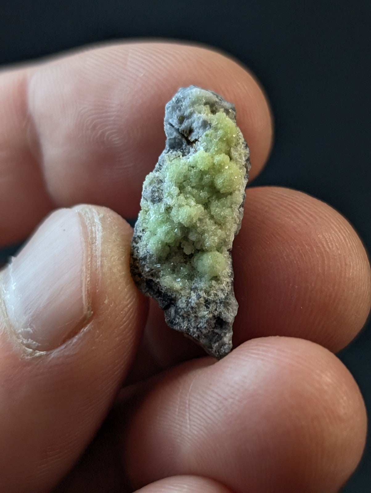 A small, irregularly shaped mineral specimen with a textured surface featuring patches of vibrant green crystals growing from a darker gray matrix.