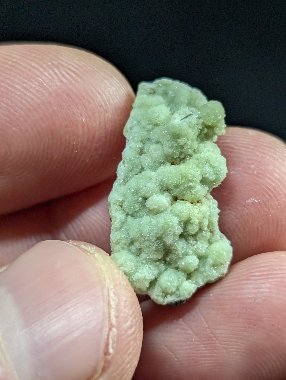 A pale green, textured mineral specimen with a rough, clustered surface held gently in fingers.