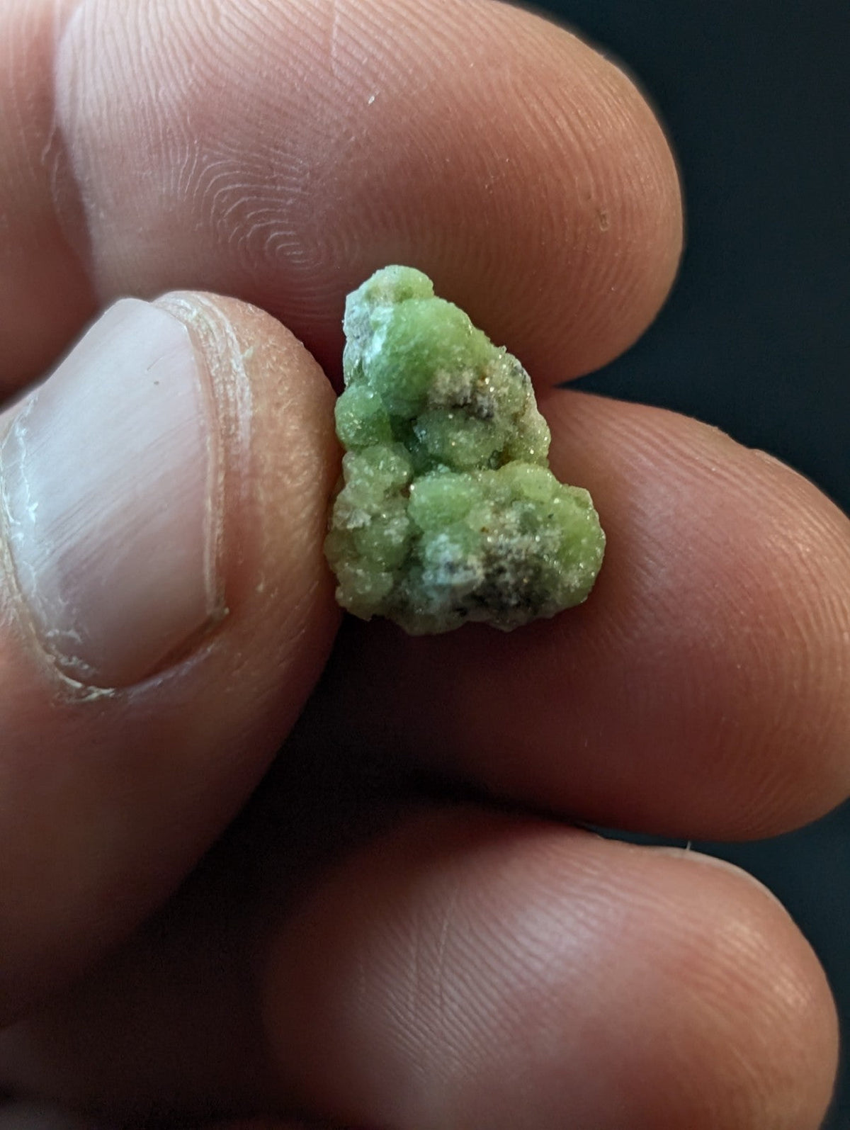 A small, textured green mineral specimen with a crystalline surface.