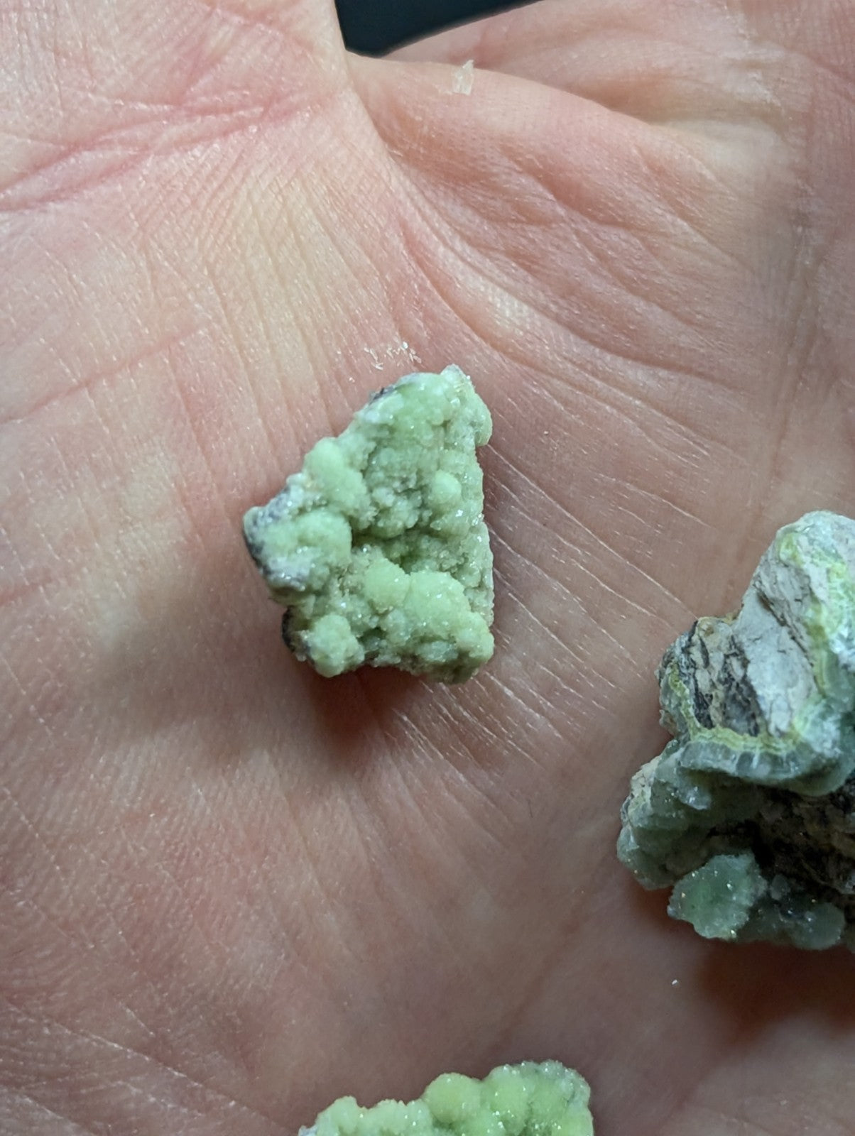 A pale green, rough-textured mineral specimen with a crystalline surface.
