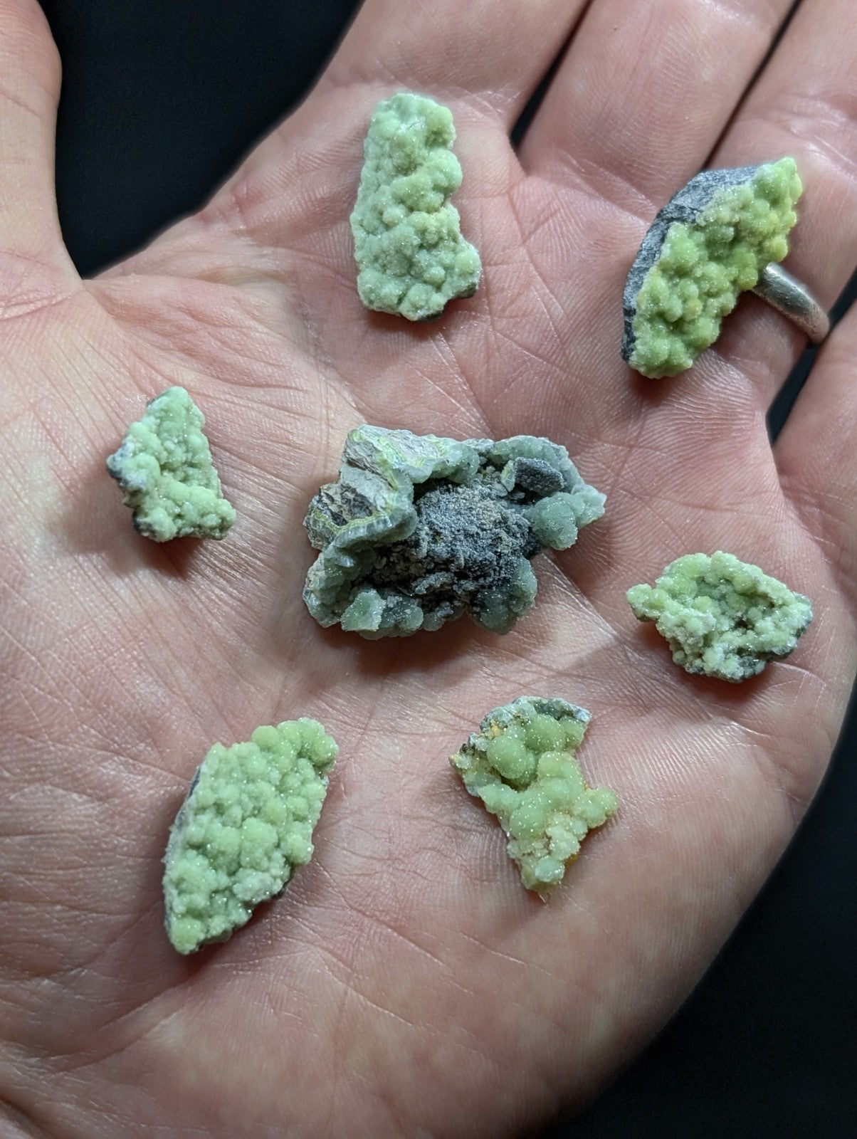 A hand holds several irregularly shaped green mineral specimens with a bumpy, crystalline texture and some displaying darker grayish matrix.