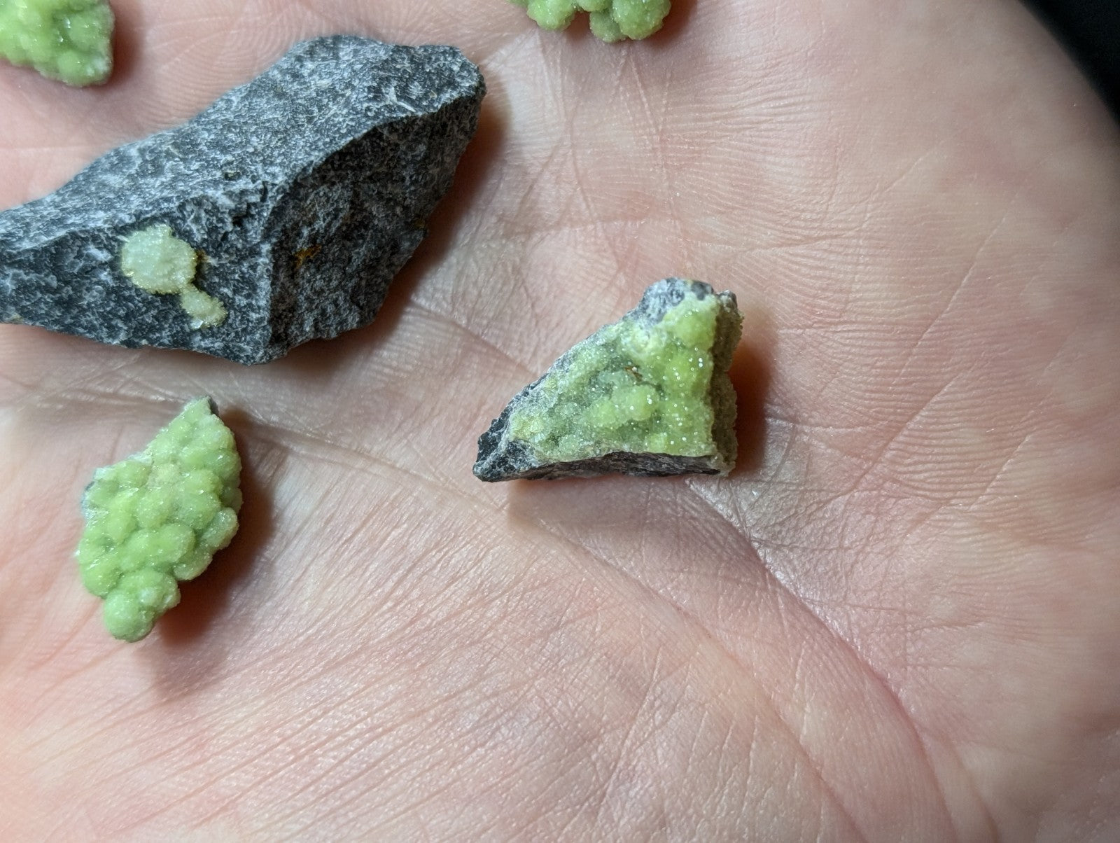 Green crystalline mineral specimens with a textured, bumpy surface resting on dark gray rock fragments.