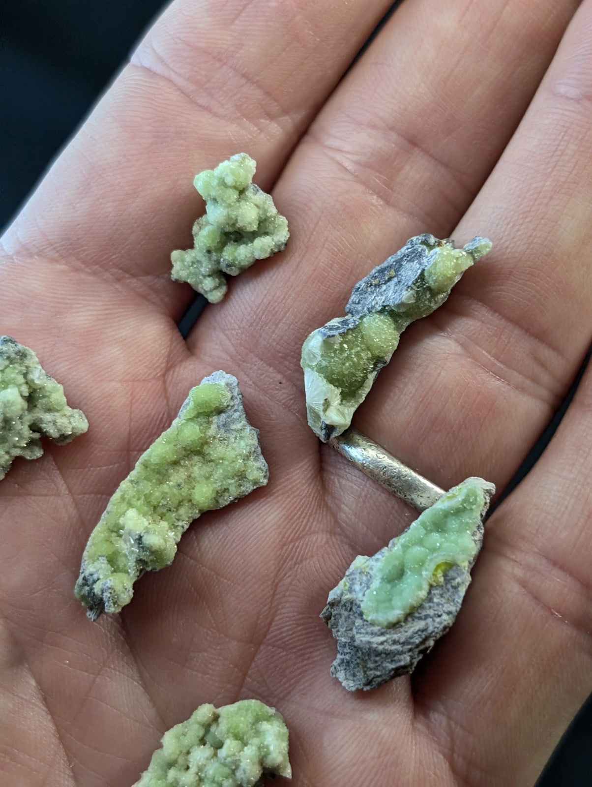 Green and gray mineral specimens with crystalline textures, held in an open palm.