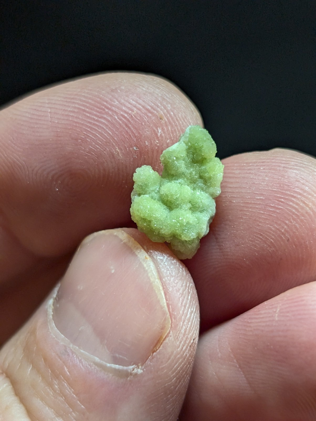 A delicate, light green crystalline mineral specimen with a textured, clustered surface.